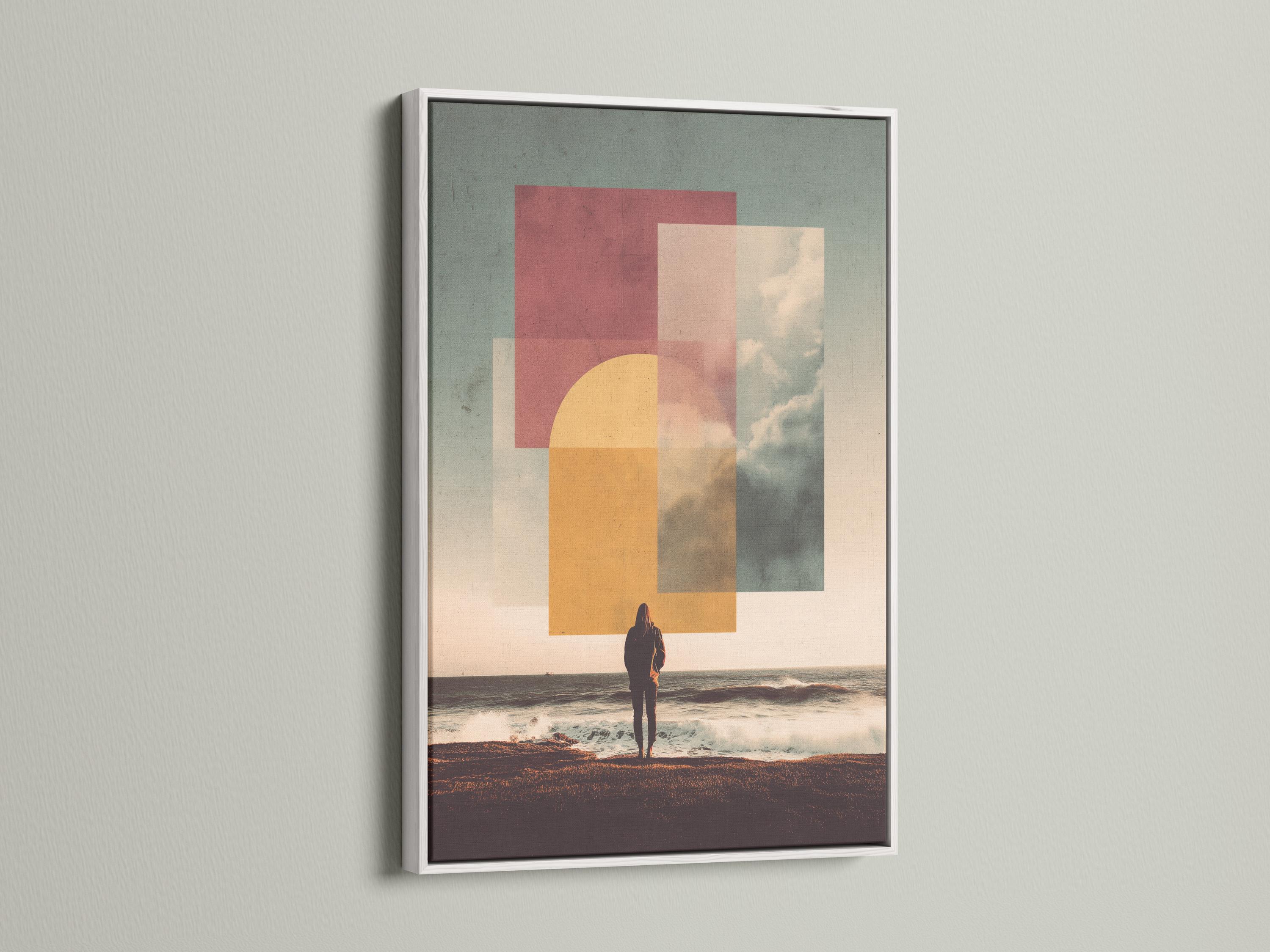 Geometric ocean sunset seascape with a silhouetted figure on a sandy shore detail view