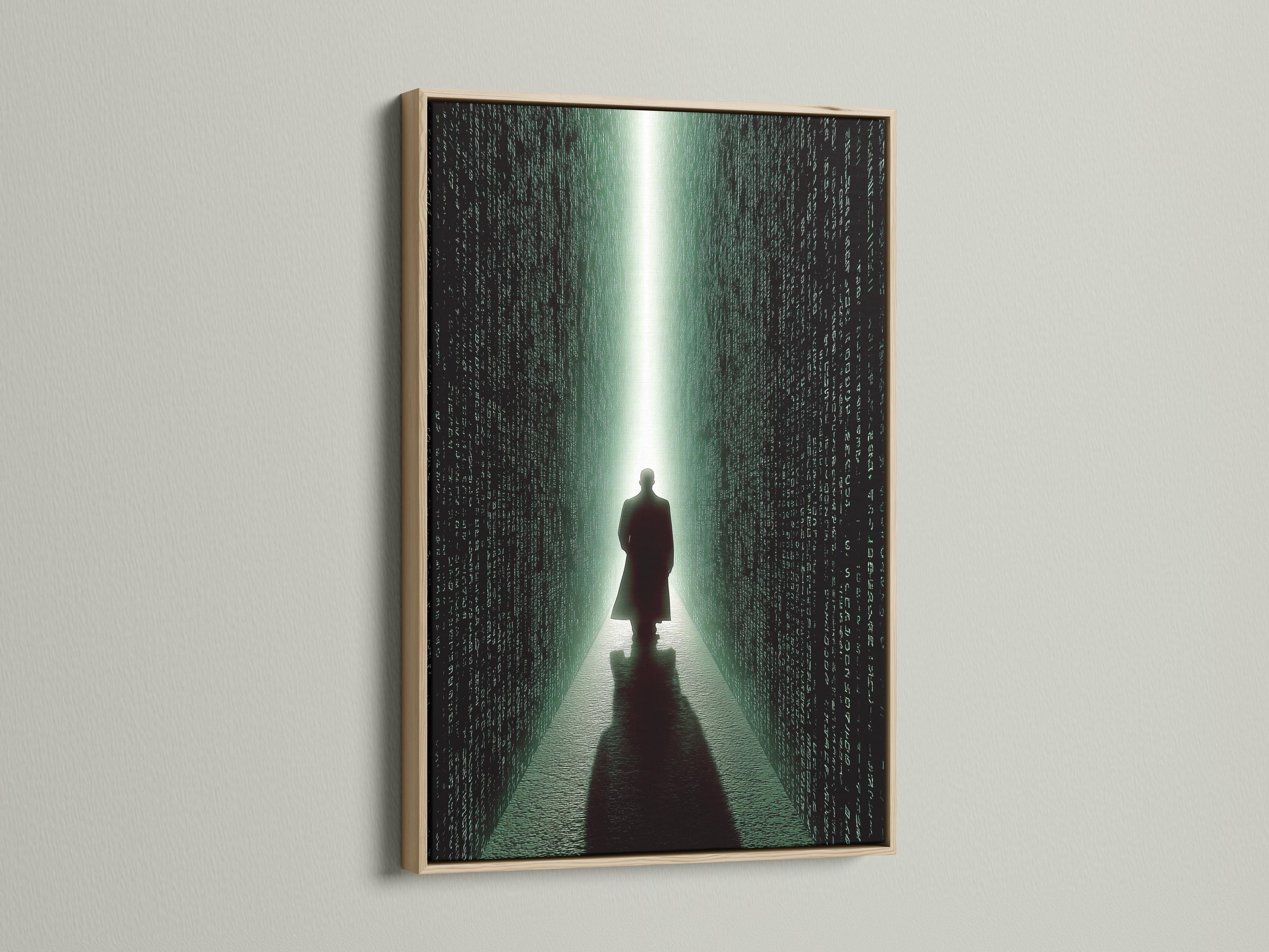 Room scene showing neon green cyberpunk corridor artwork with code-like characters