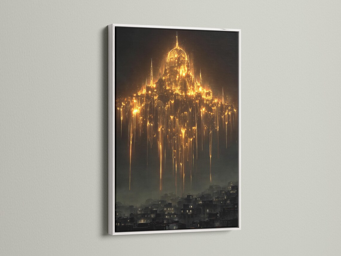 Glowing golden cathedral-like tower above a dark city skyline with cascading light streaks detail view