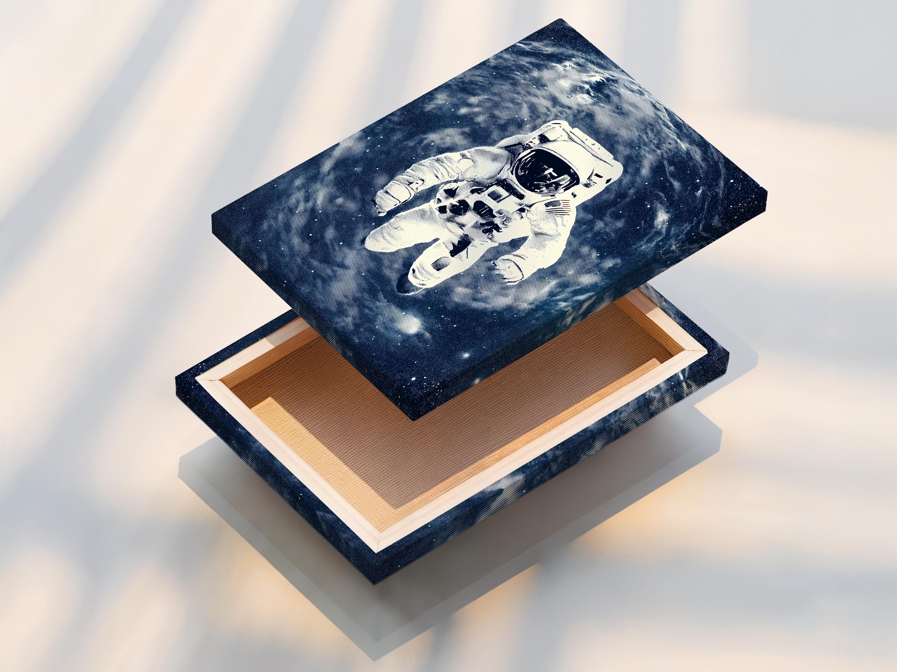 Stylised astronaut running through a deep indigo galaxy with a bright planet arc and stars detail view