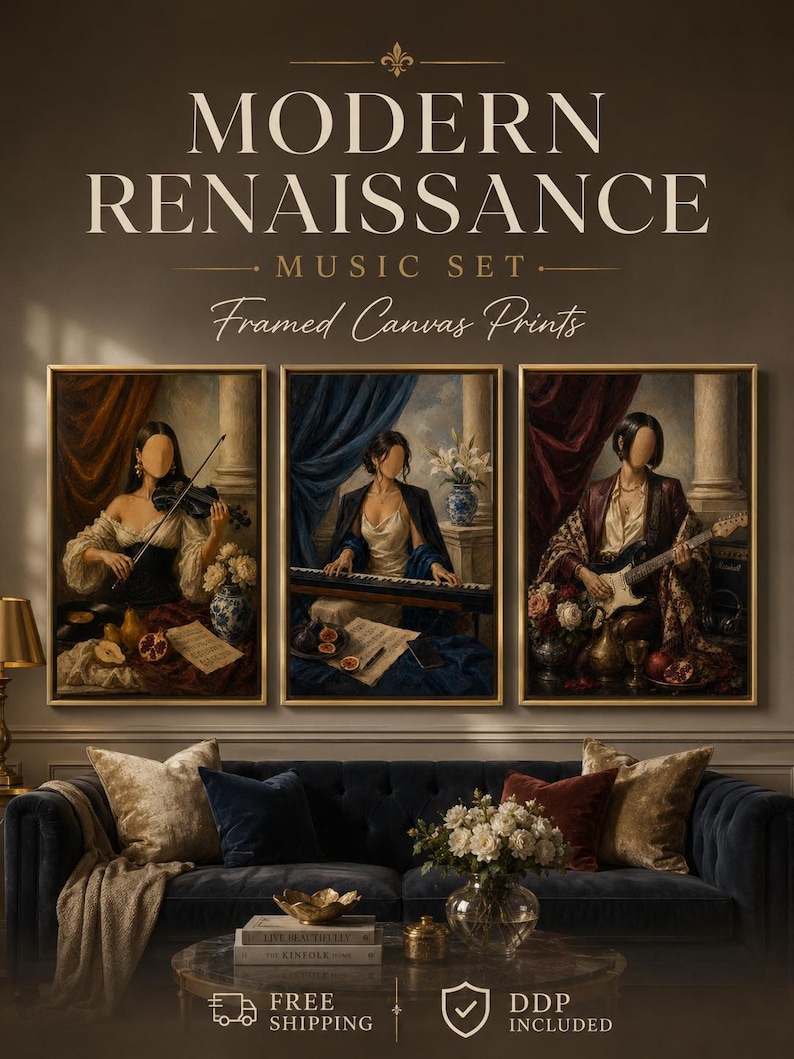 Three Renaissance-inspired faceless musician portraits with violin, keyboard and electric guitar