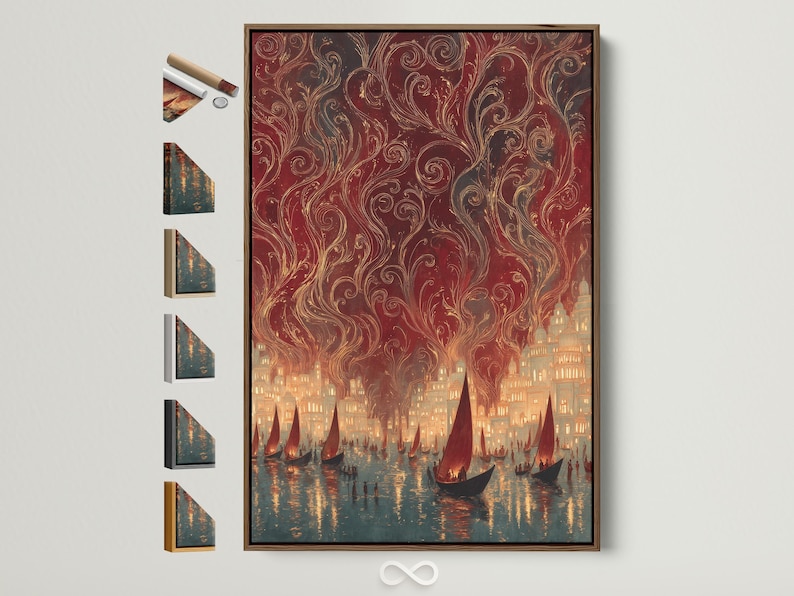 A painterly city-on-water scene shows gondola-like boats, warm golden windows, and curling gold swirls against a deep maroon sky