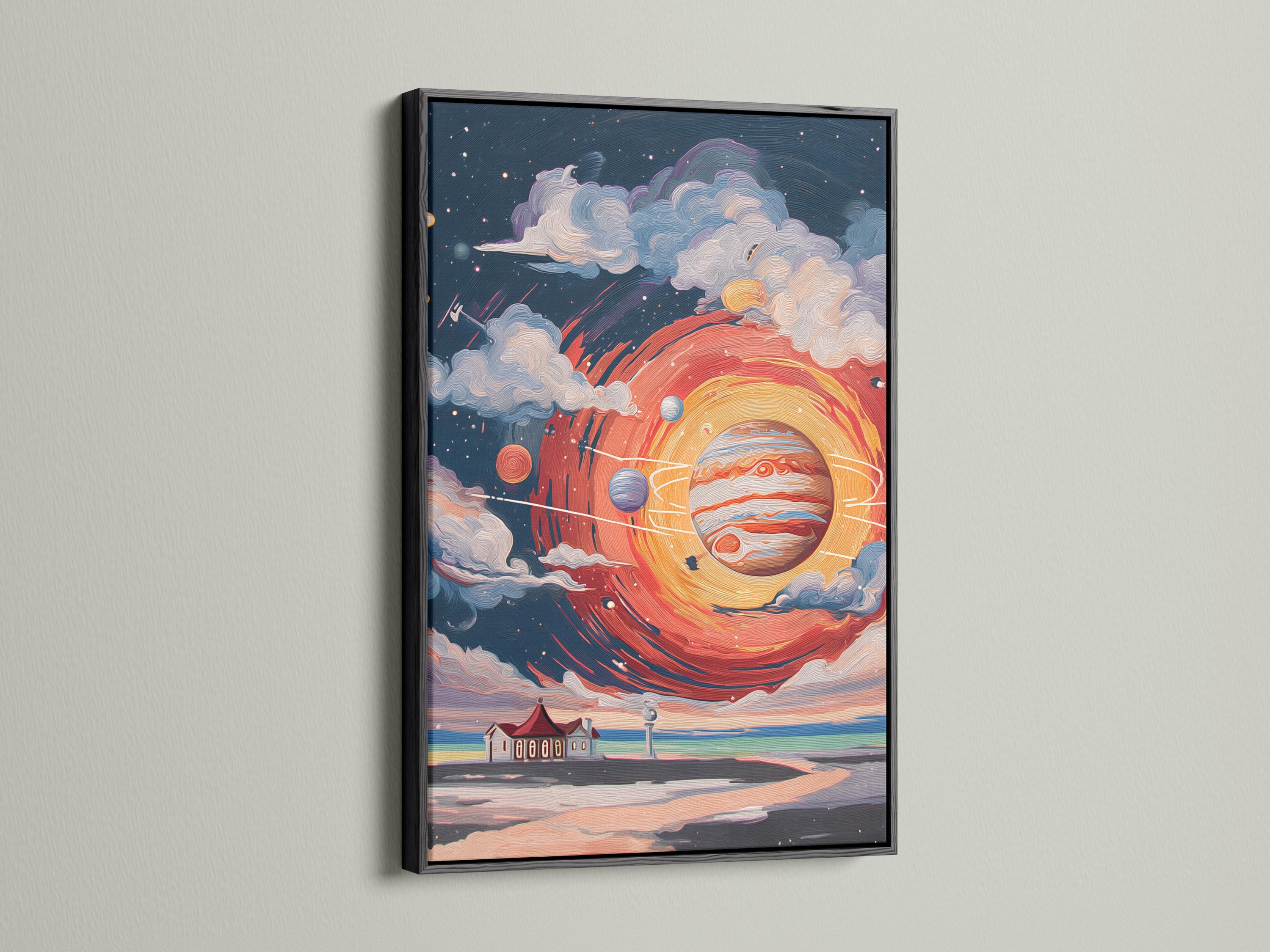 Glowing planet and lighthouse in a cosmic scene with swirling clouds and stars detail view