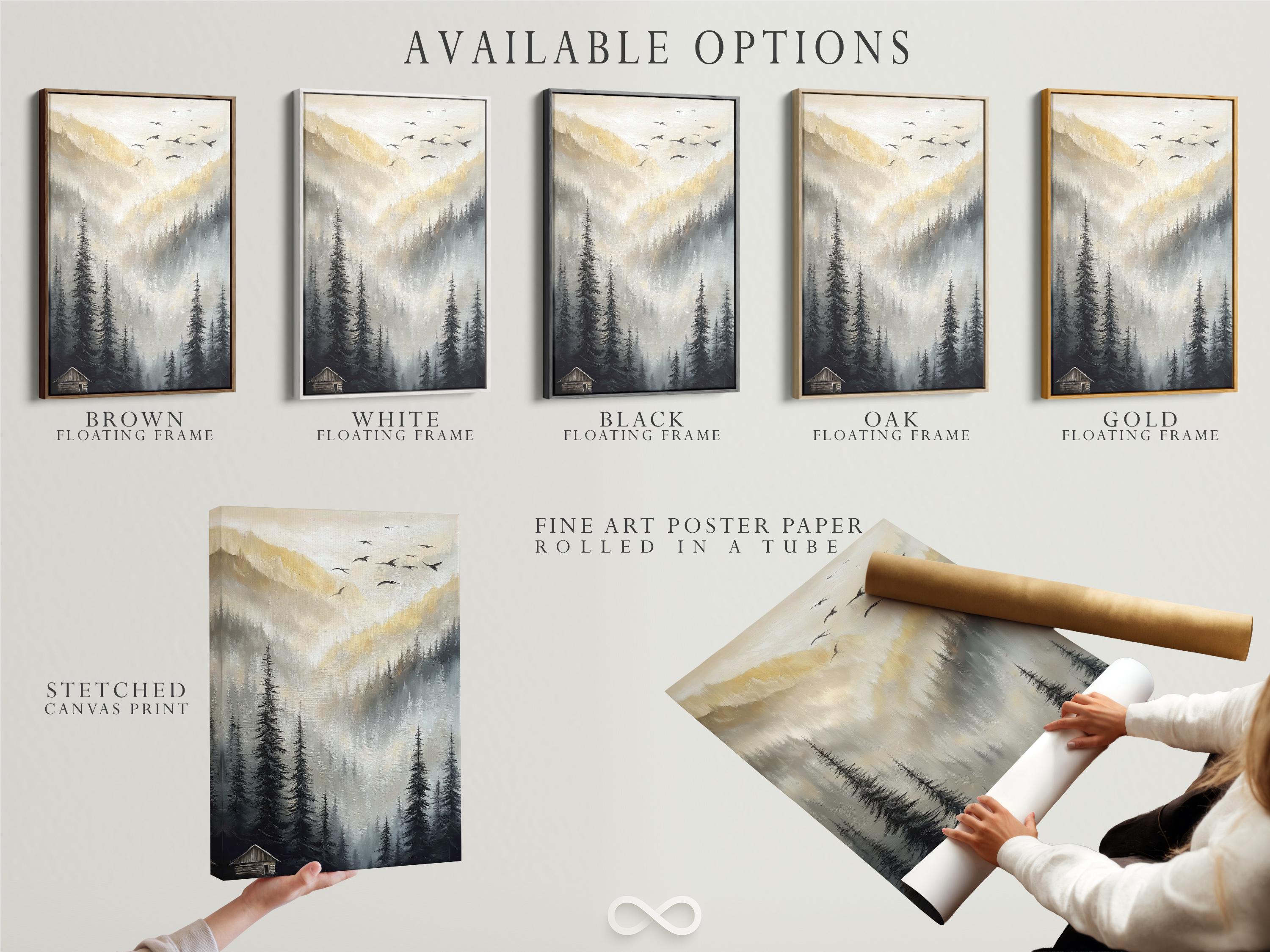 Misty mountain landscape artwork with pine tree silhouettes and birds in the sky detail view