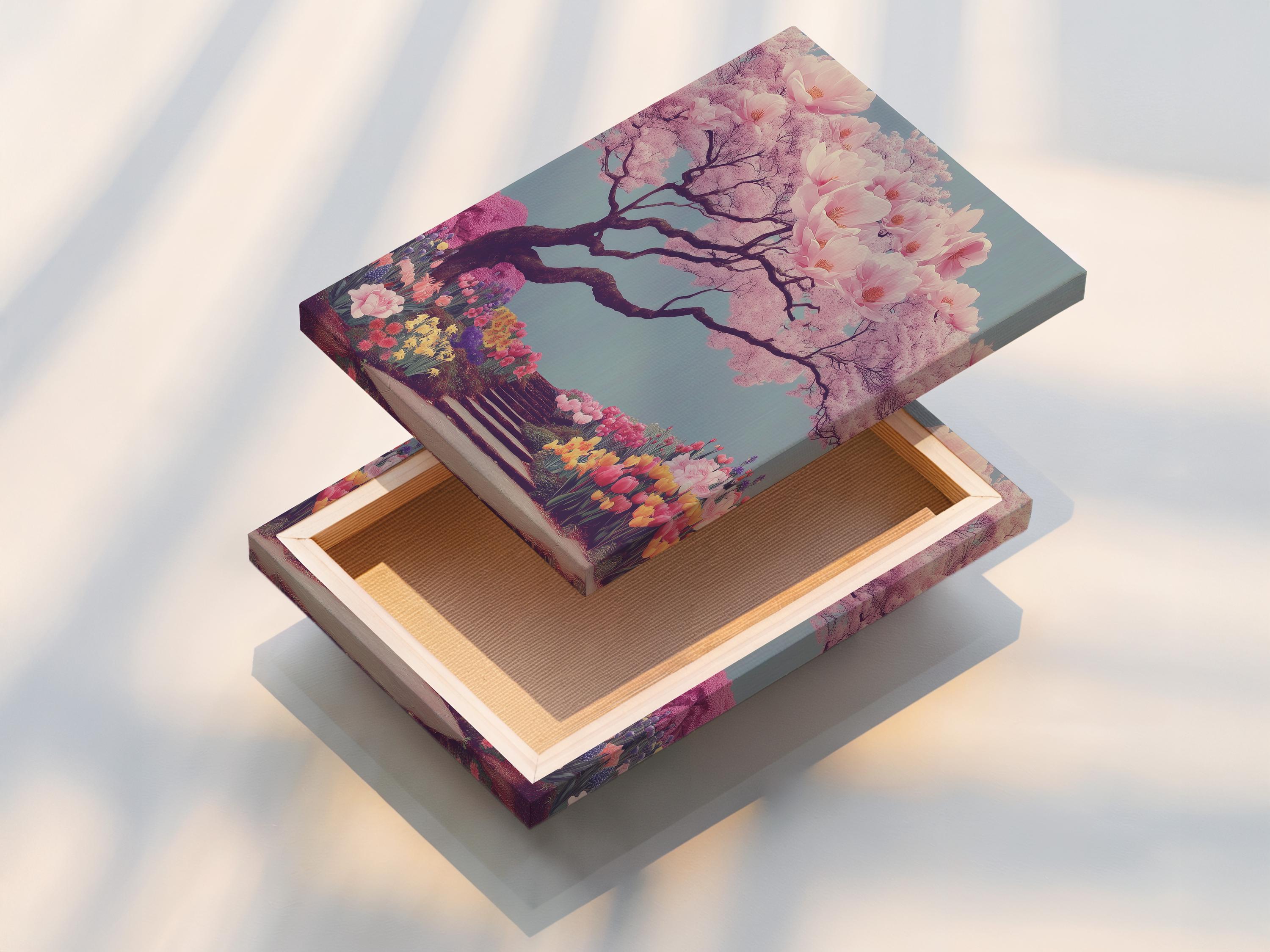 Cherry blossom tree illustration with pale pink blossoms and a winding flower-lined path detail view