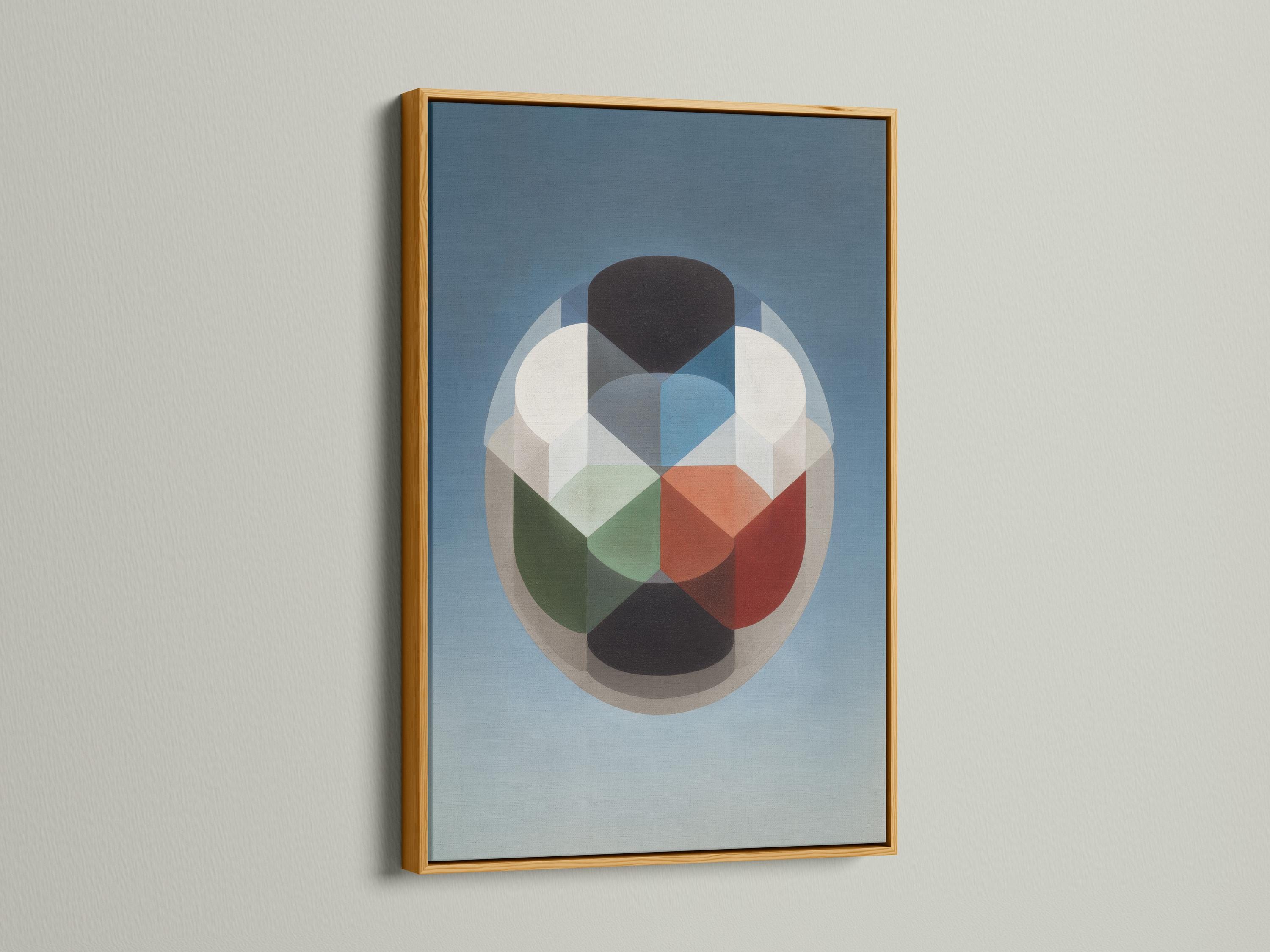 A blue geometric composition features a central rounded cluster of overlapping blocks and circles in cream, grey, dark charcoal, and warm red accents