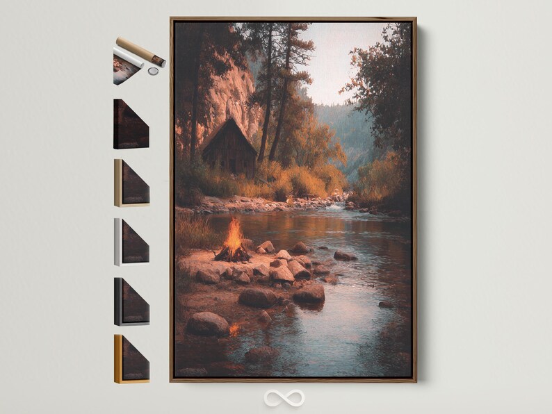 Moody river landscape with a warm campfire glow, rocks, trees and reflections on teal water