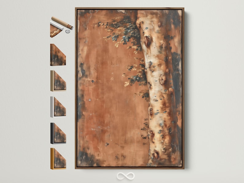 Textured tree landscape painting with a birch-like trunk on the right and leafy branches extending left