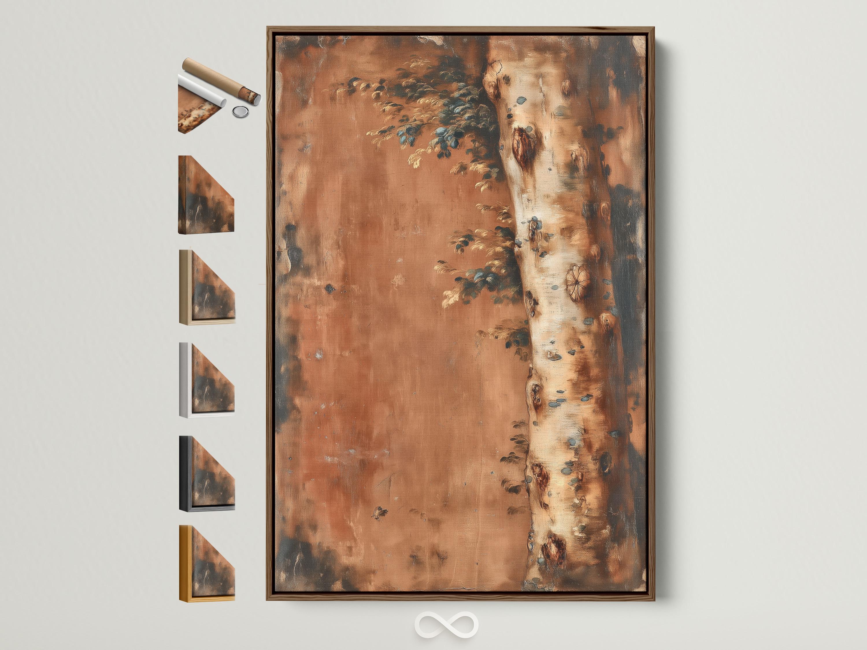 Textured tree landscape painting with a birch-like trunk on the right and leafy branches extending left