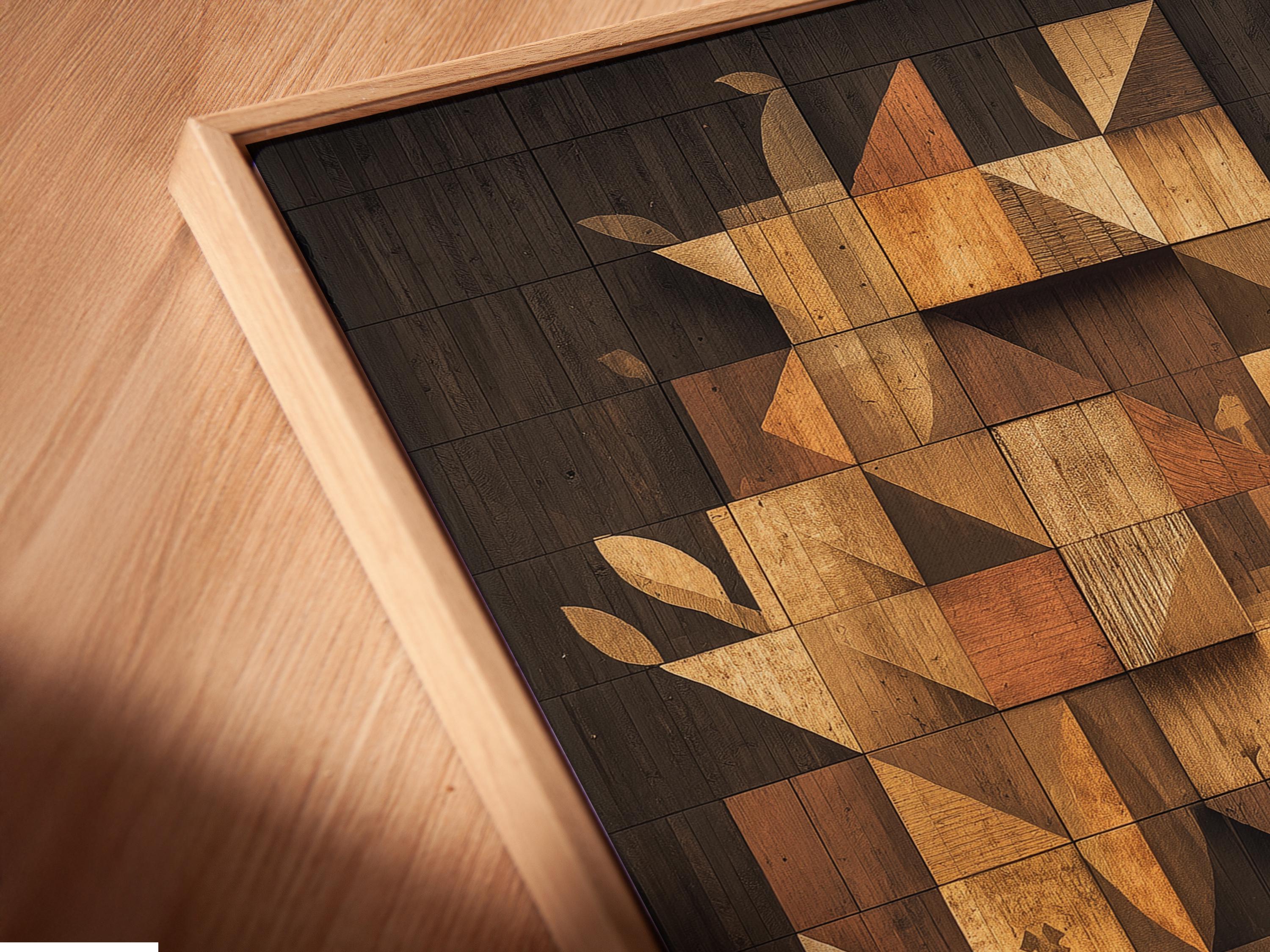 Geometric tree mosaic artwork with interlocking blocks in beige, tan, charcoal and gold tones detail view