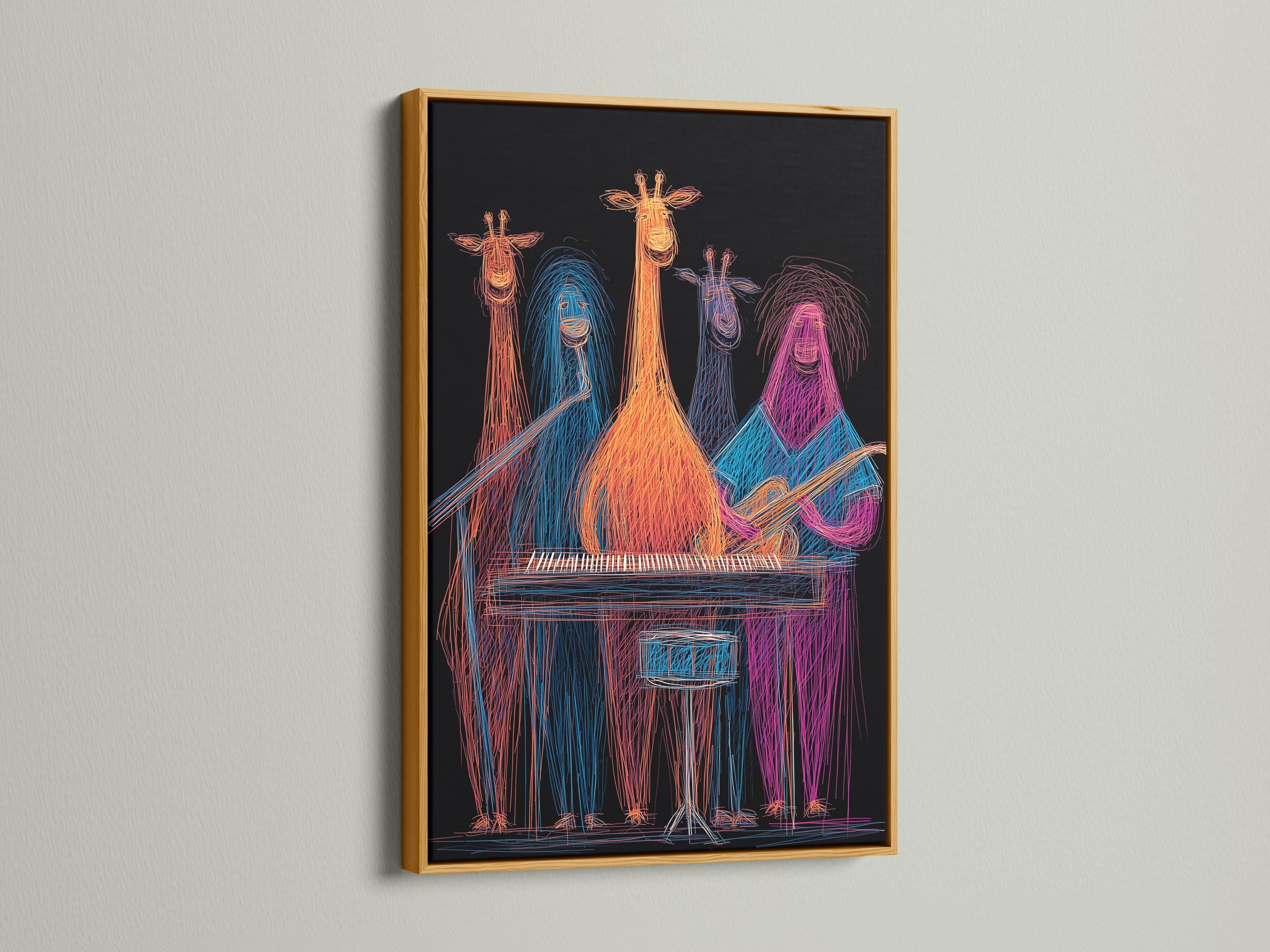 Neon line drawing of four giraffes grouped around a keyboard, on a dark background detail view