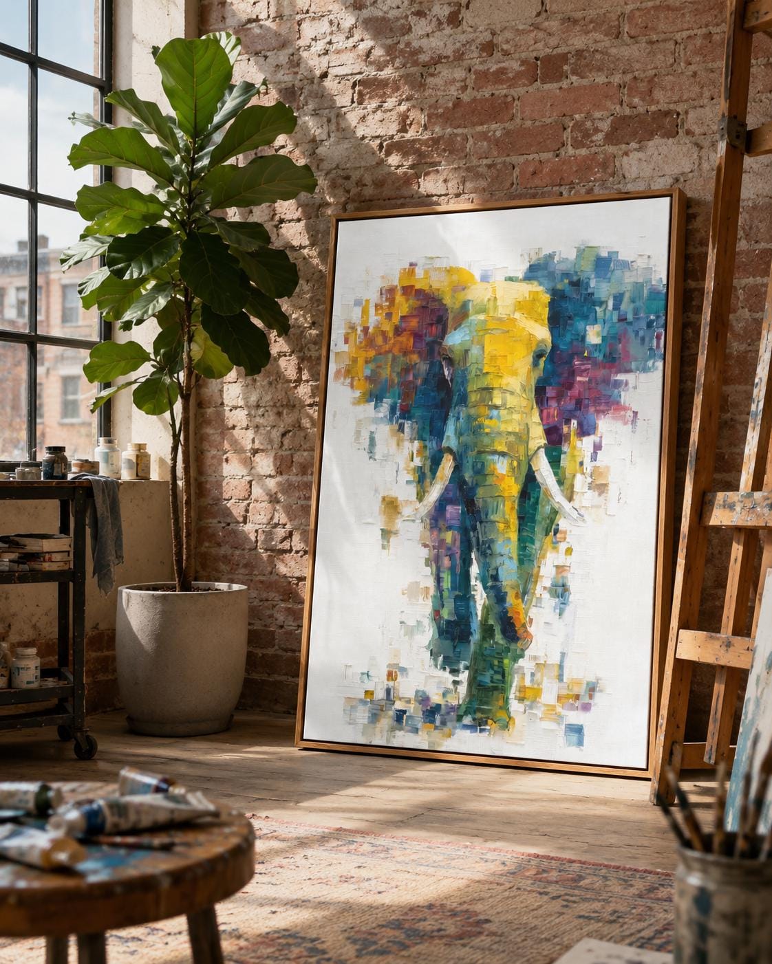 Abstract elephant artwork with layered teal, yellow and magenta colour blocks on an off-white background detail view