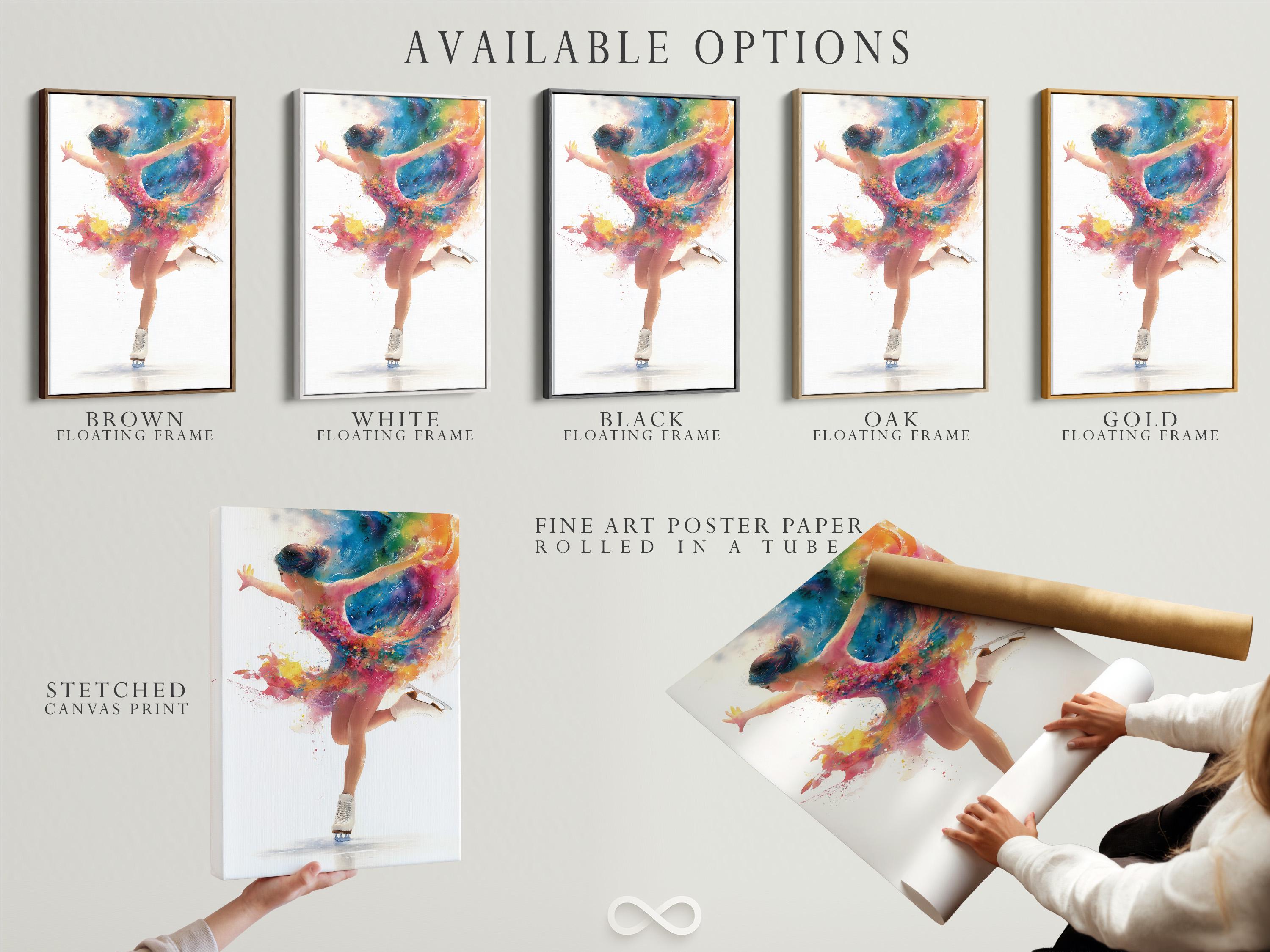 Stylised figure skater dancer with multicolour paint-splash motion over a white background detail view
