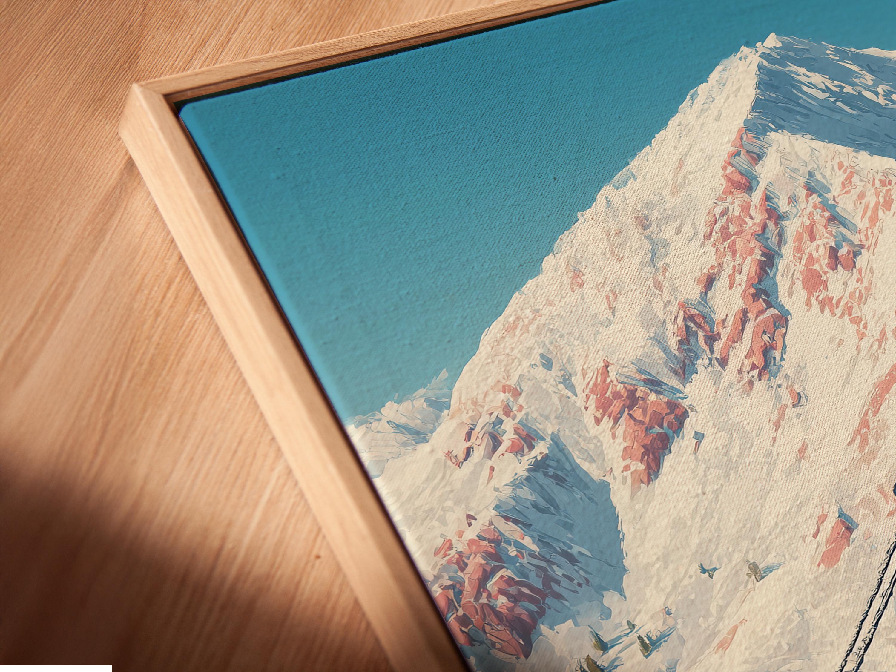 Illustrated alpine mountain scene with a cable car over snowy slopes and a tall peak detail view