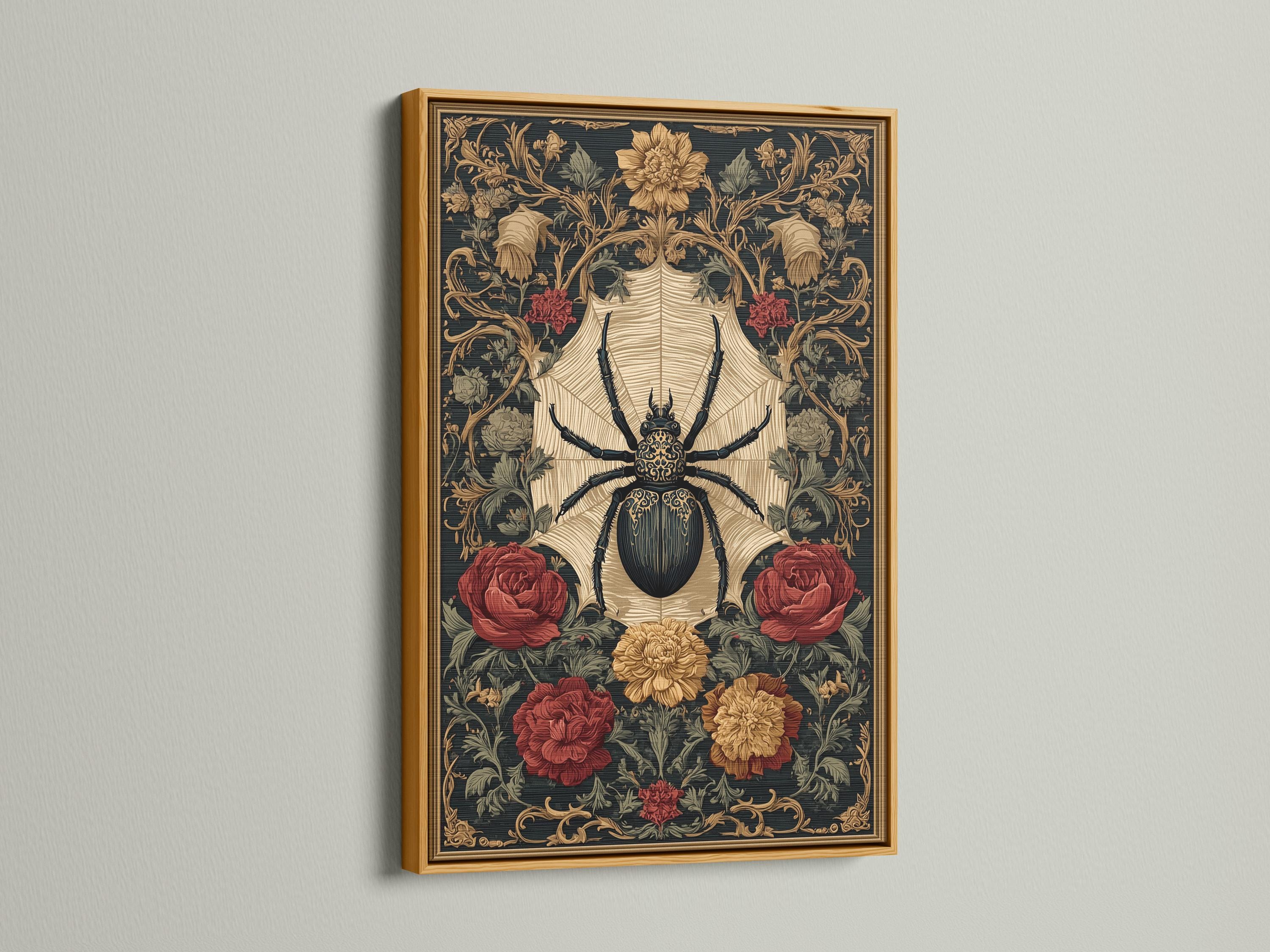 Gothic artwork with a central black spider, cream starburst, and roses detail view