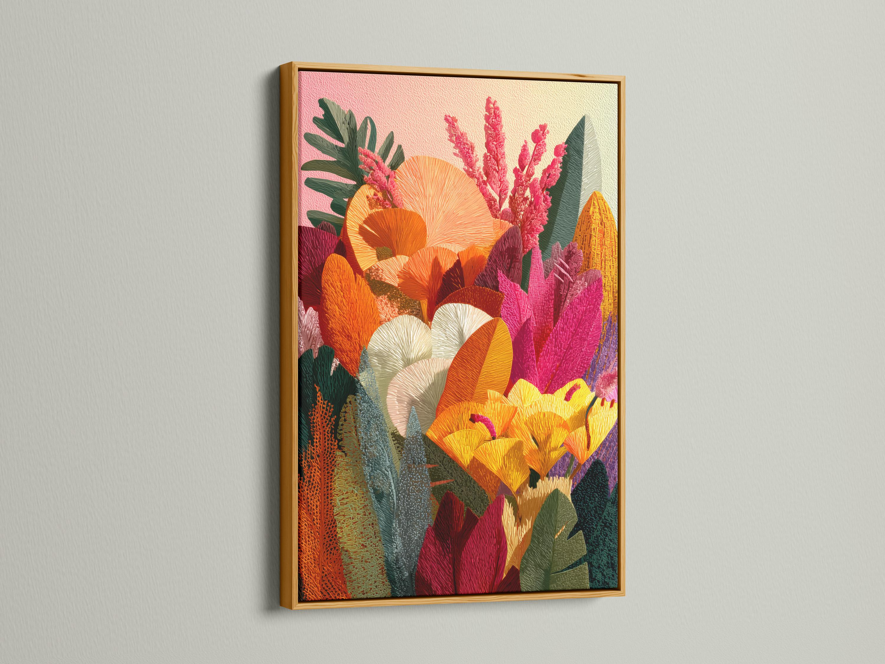 Colourful floral botanical artwork with orange and yellow blossoms, pink flowering spikes and green leaves detail view