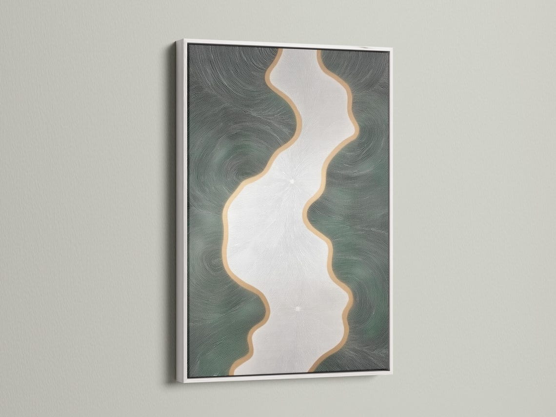 Minimalist abstract river flow artwork with ivory channel and sage-green ripple texture detail view