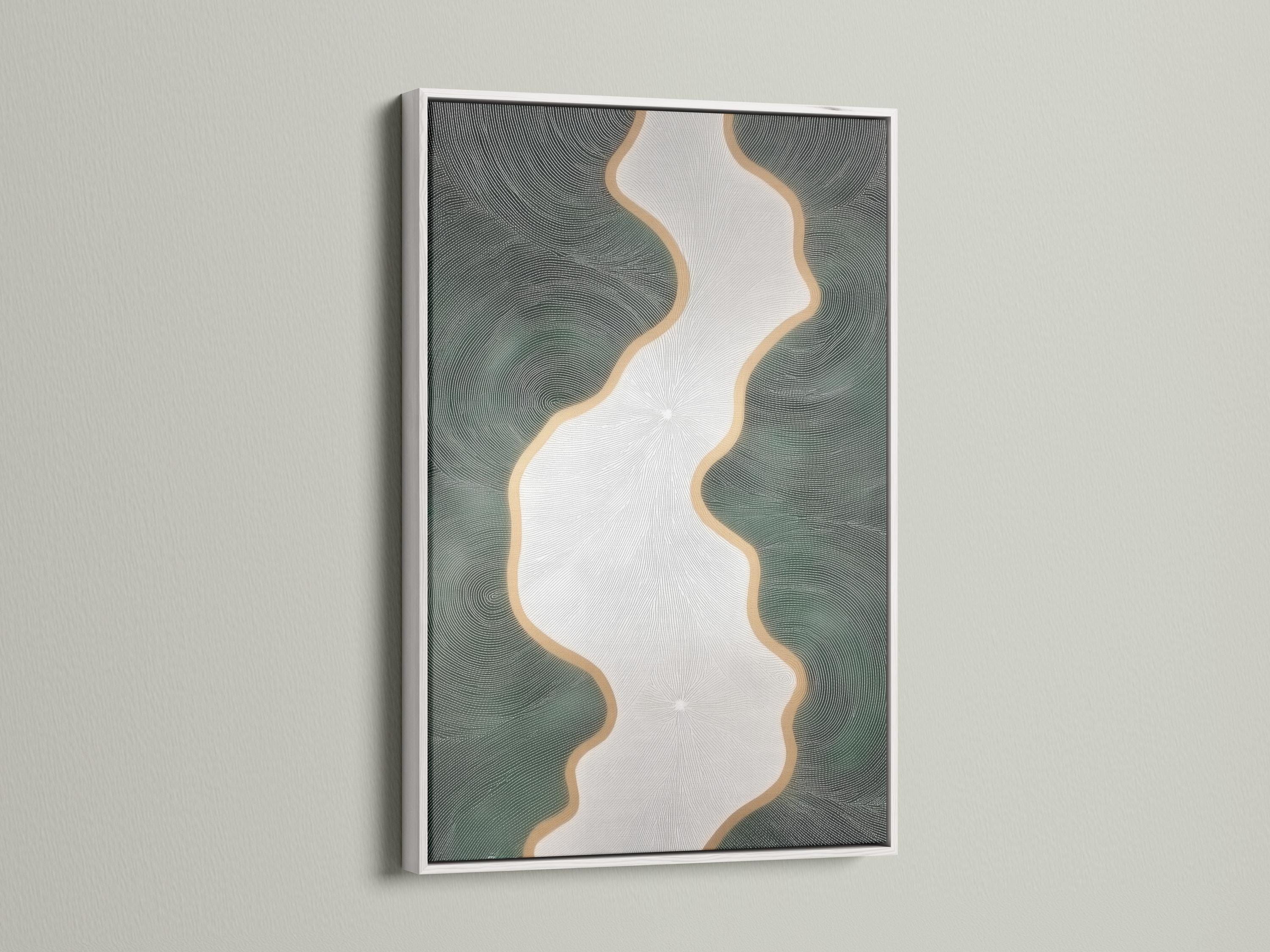 Minimalist abstract river flow artwork with ivory channel and sage-green ripple texture detail view