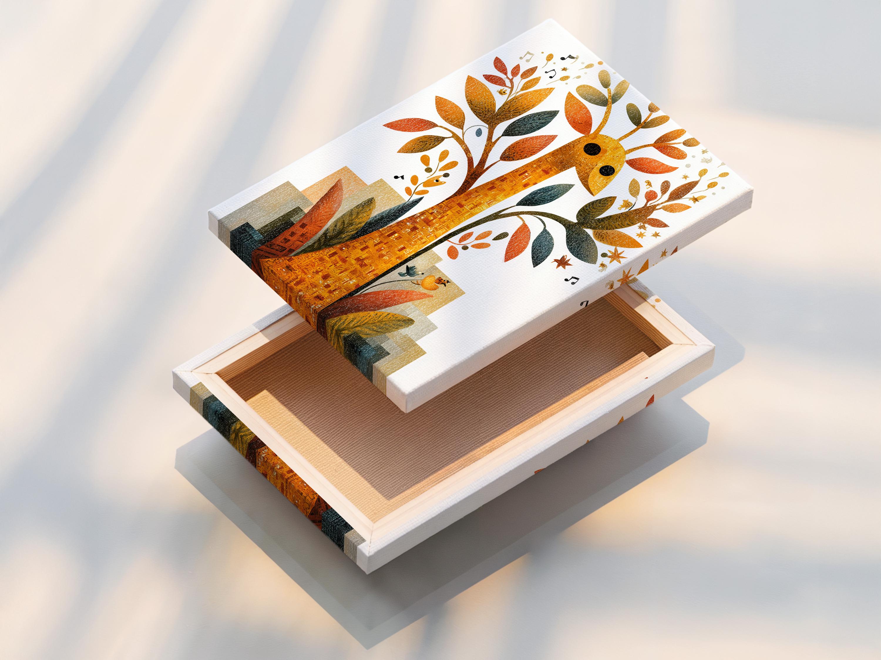 Framed giraffe and tree illustration with gold, orange and teal leaves plus music notes detail view