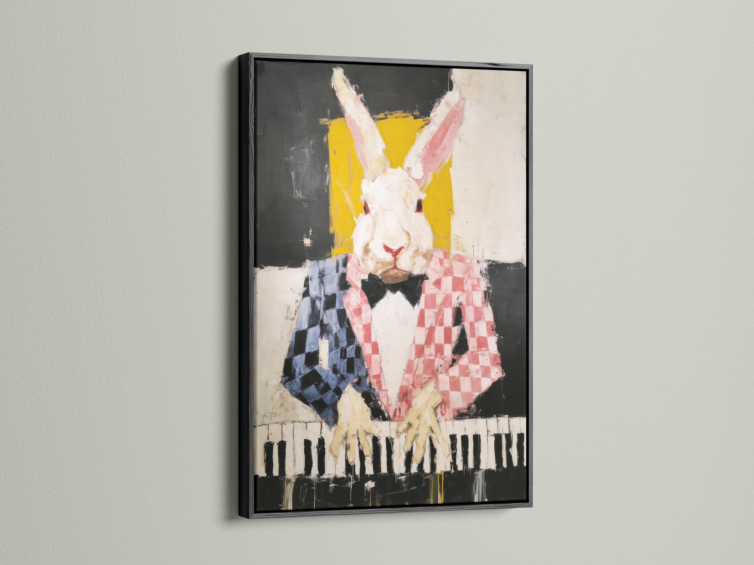 Stylised rabbit playing piano artwork with black, yellow and pink colours detail view