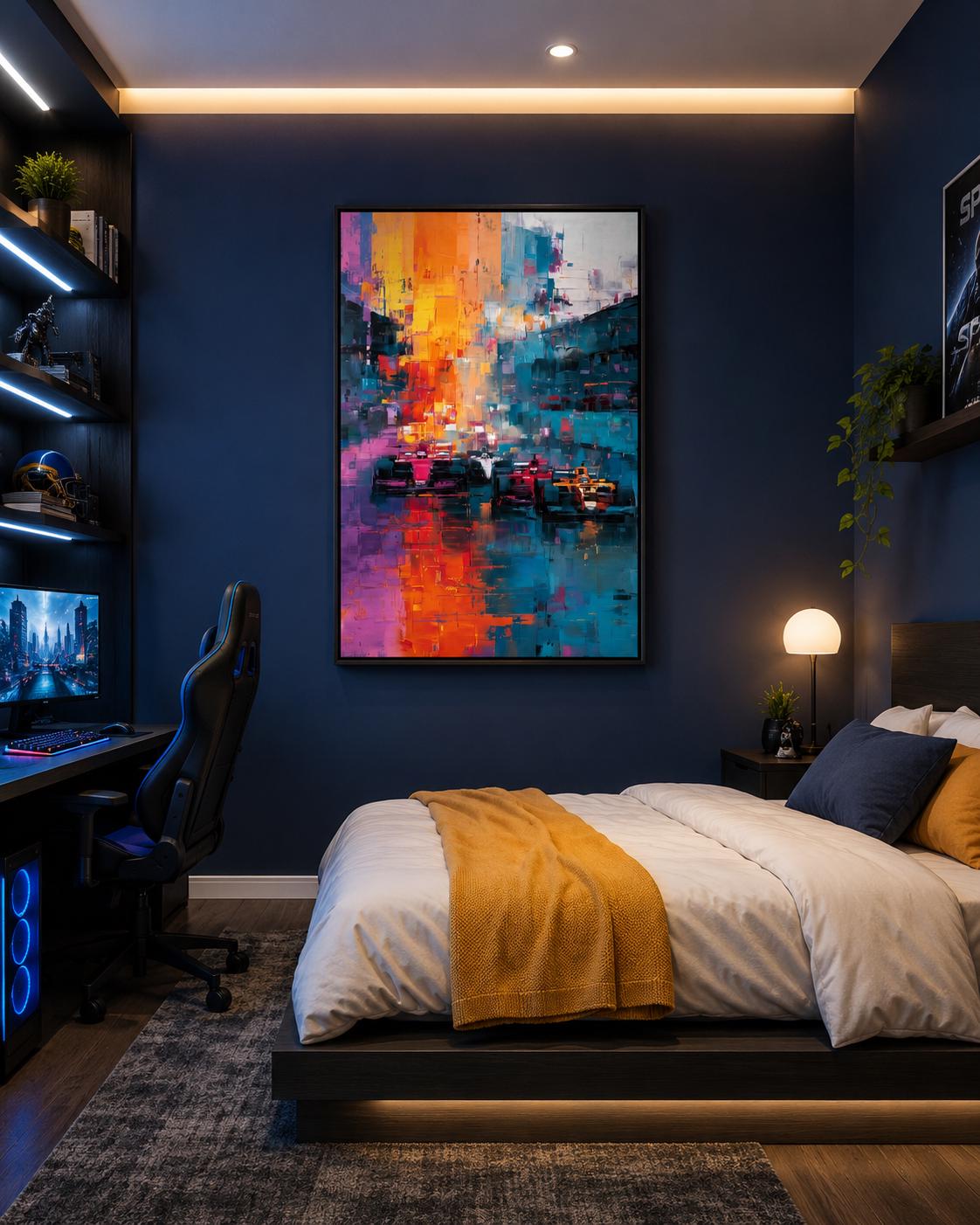 Room mockup with a large framed abstract cityscape artwork above a seating area
