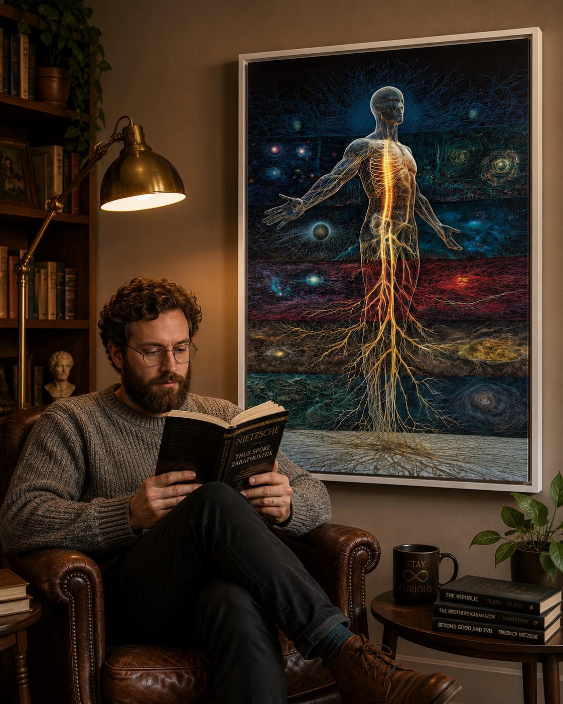 Woman standing beside a framed artwork showing a glowing energy human figure in blue, teal and red