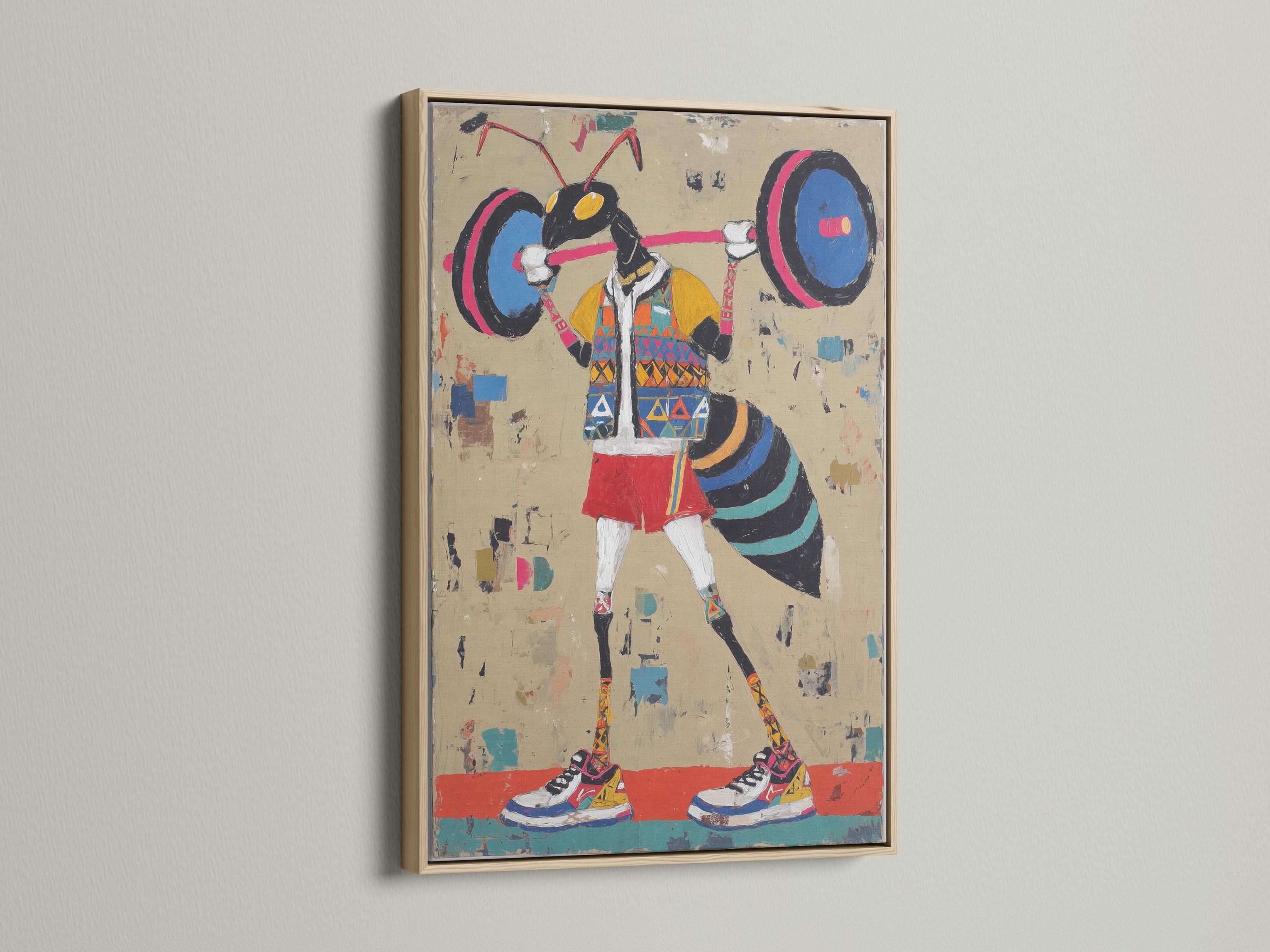 Stylised weightlifter lifting a barbell with large weight plates on a beige paint-splattered background detail view