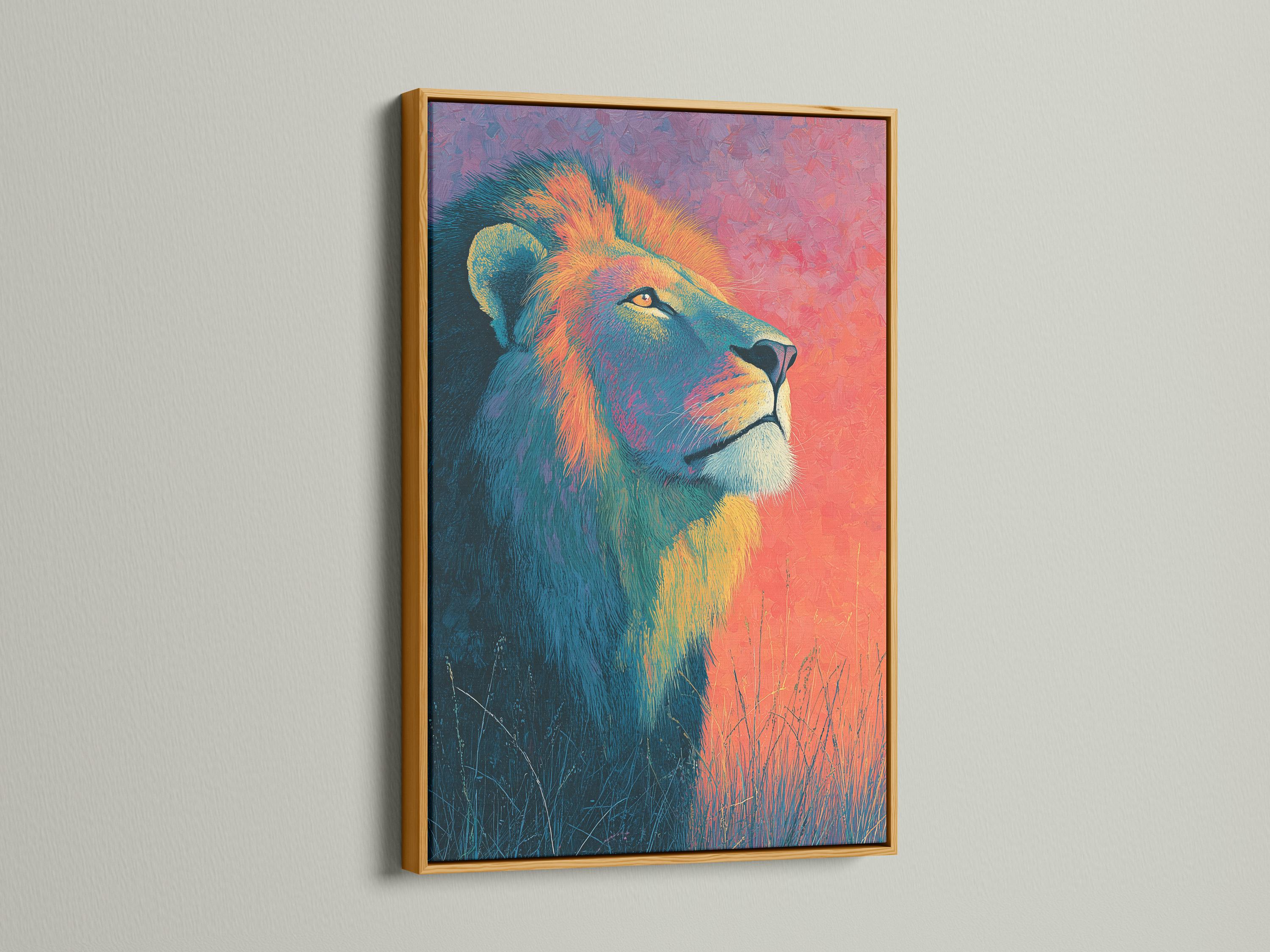 Room mockup showing a framed lion portrait in teal, coral and gold colours