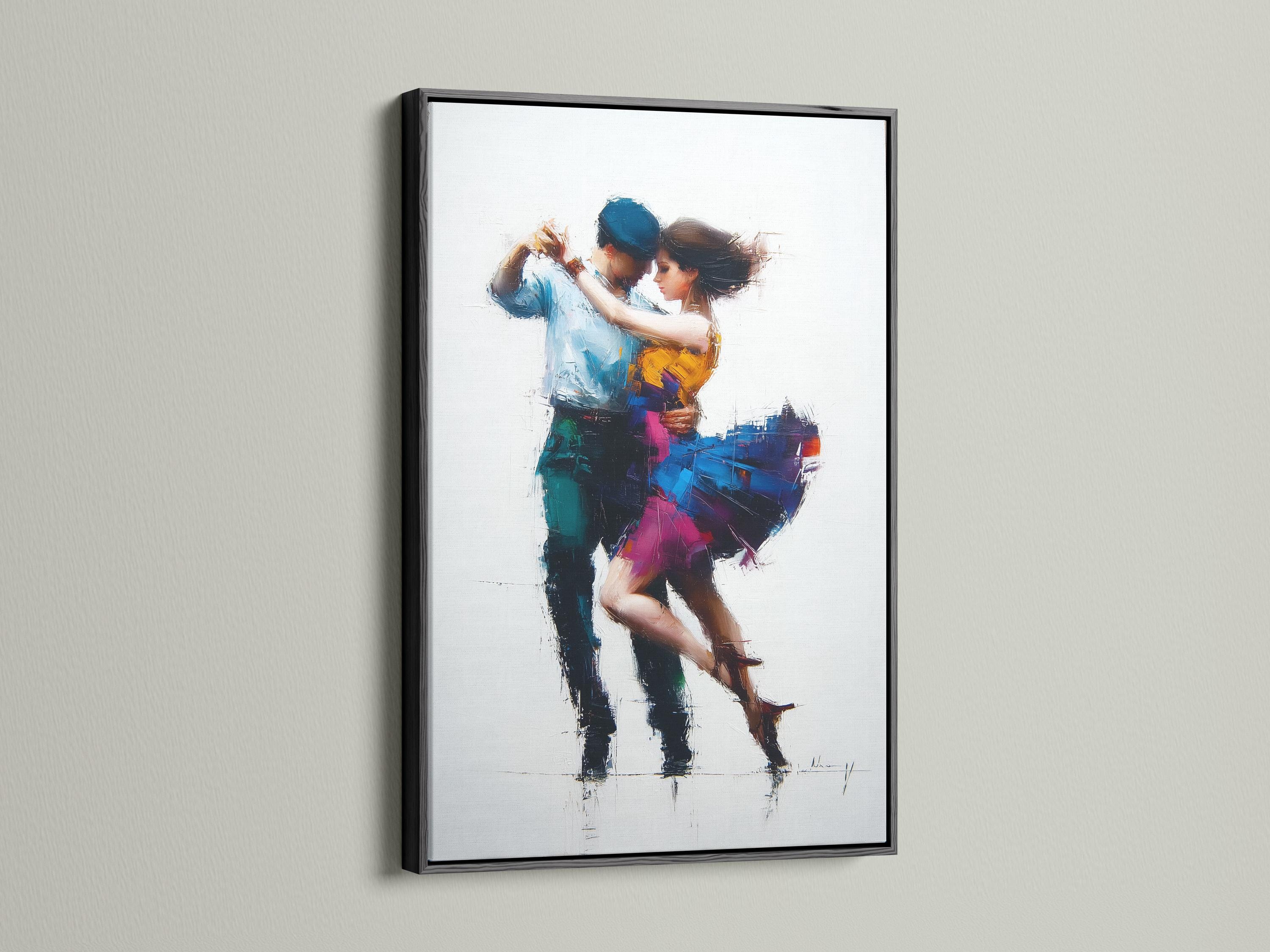 Painterly blue and yellow tango couple embracing in motion detail view