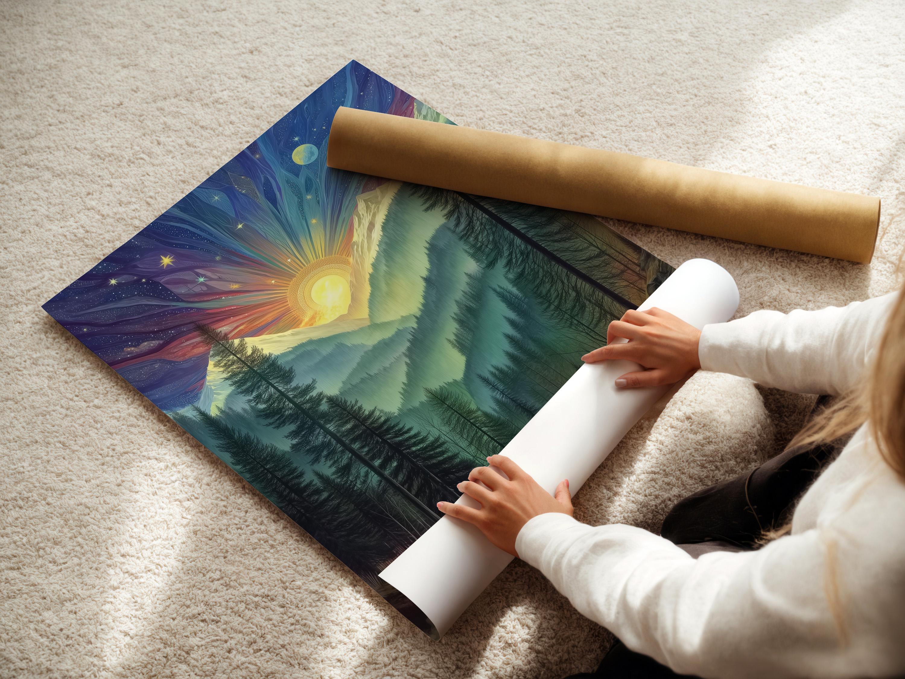 Framed mystical forest sunrise artwork mockup