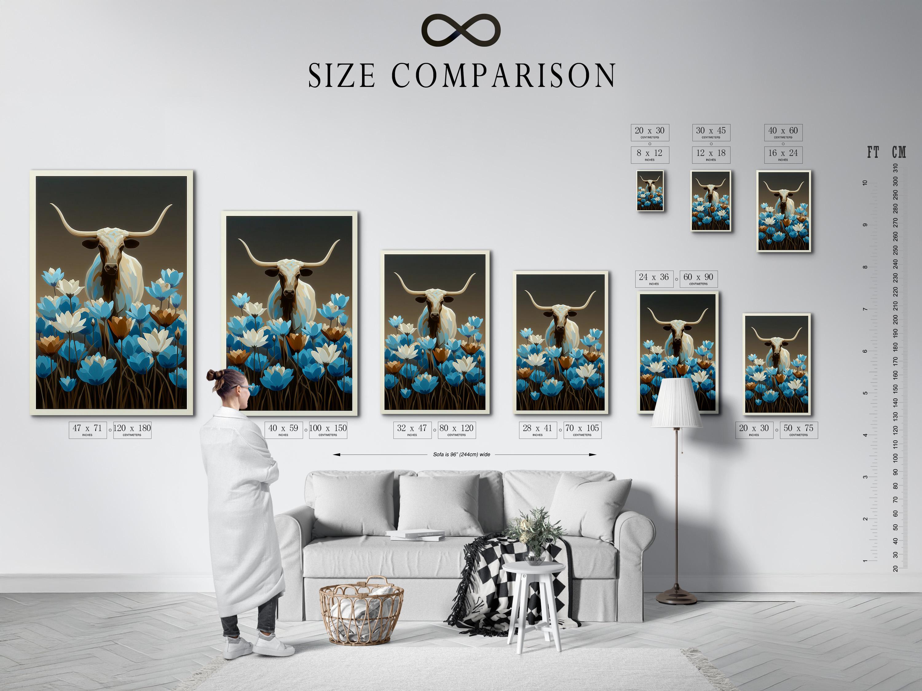 Longhorn bull artwork mockup on a wall with wildflowers and a framed design