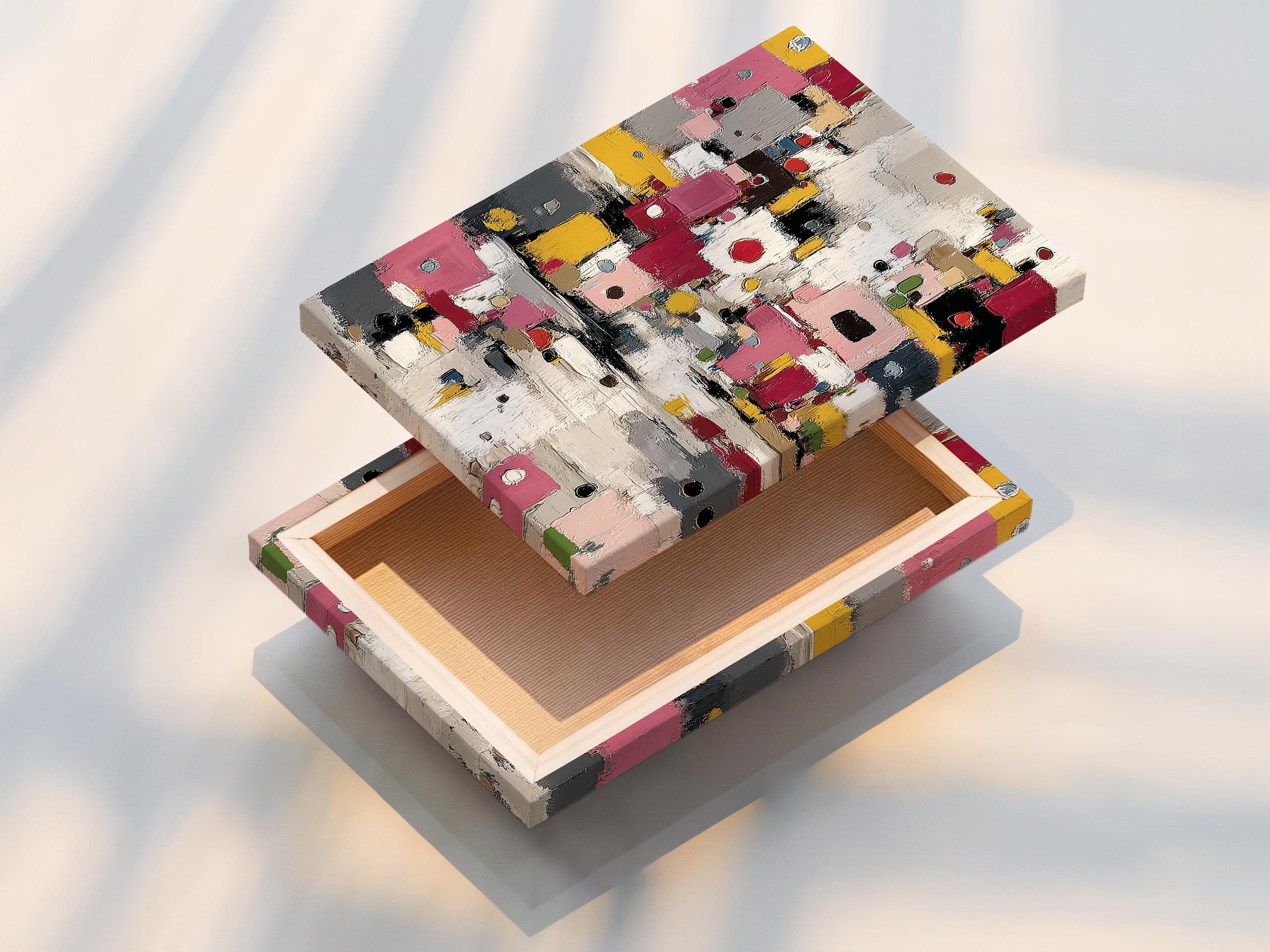 Textured abstract artwork with layered geometric blocks in pink, yellow, grey and black detail view
