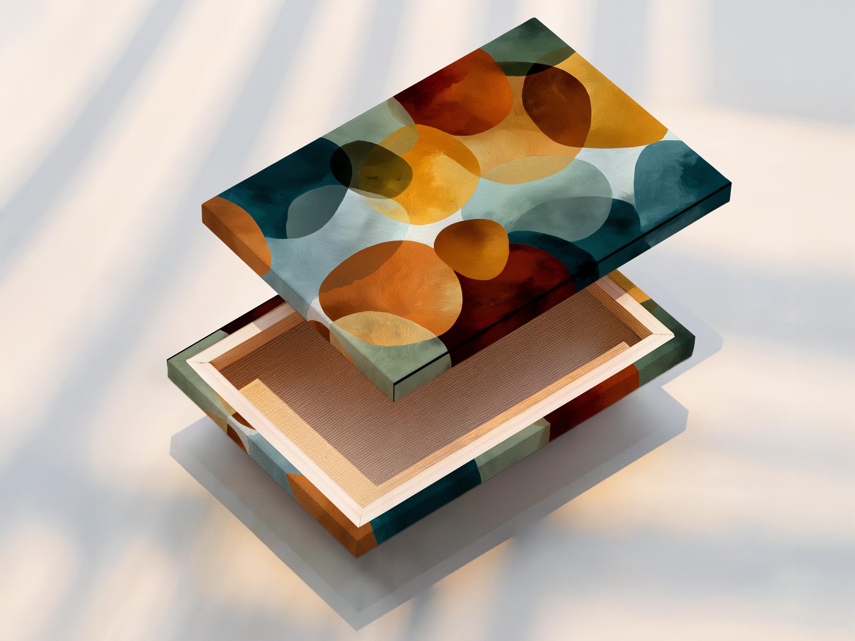 Abstract geometric wall art with overlapping rounded shapes in teal, burnt orange, cream and deep red detail view