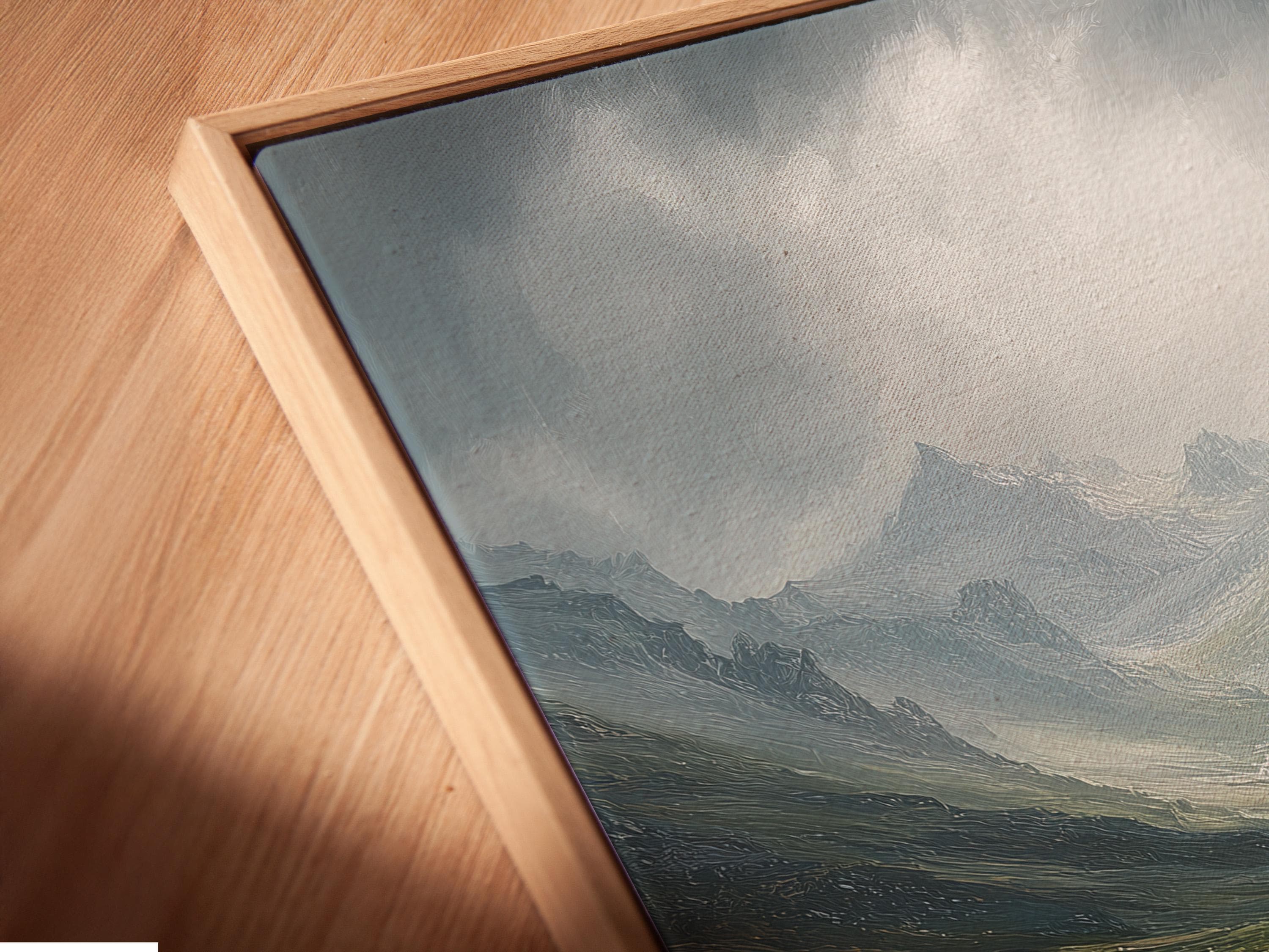 Room mockup showing framed mountain valley landscape artwork