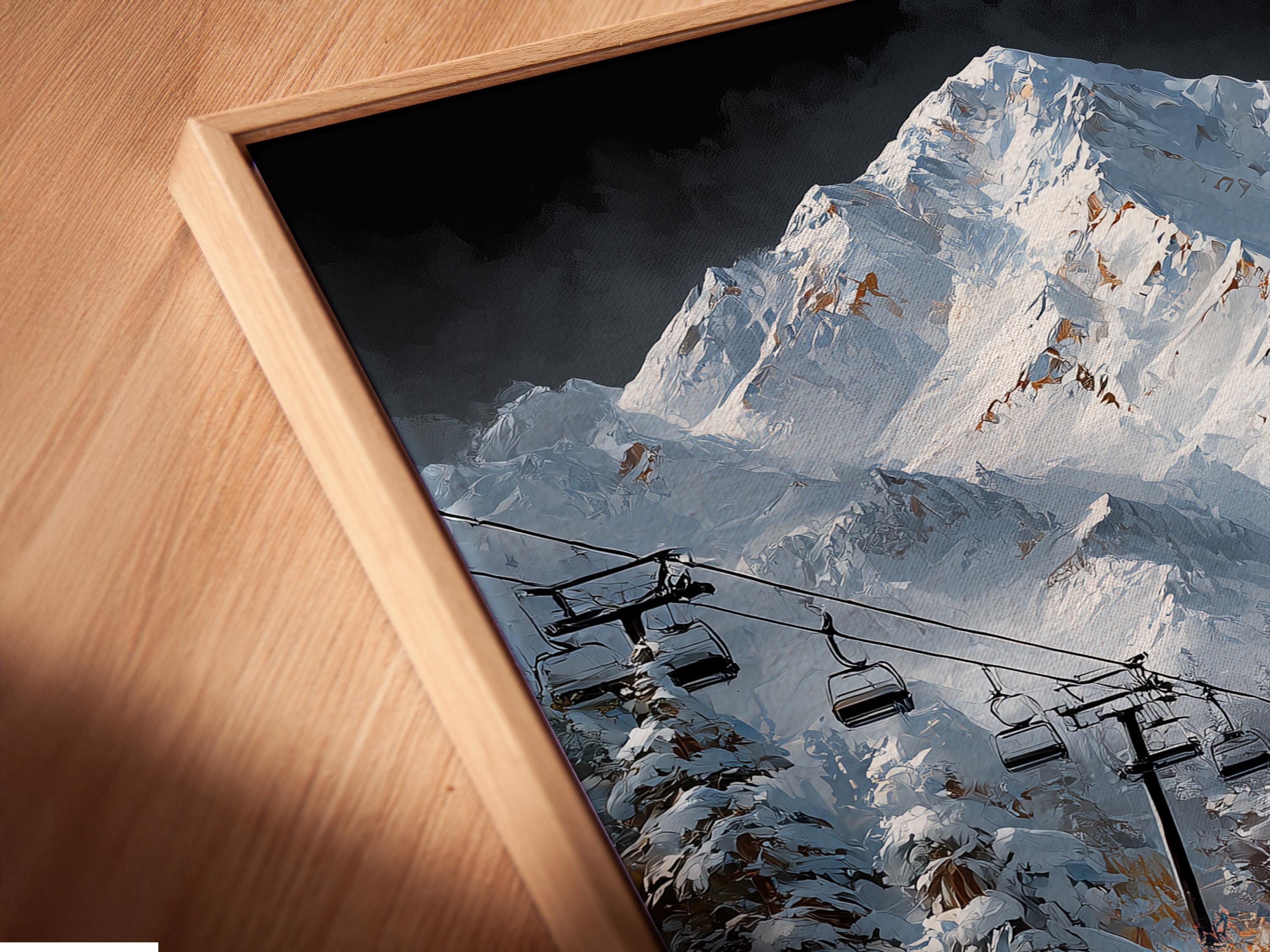 Room mockup featuring a framed snowy mountain landscape with ski lift gondolas
