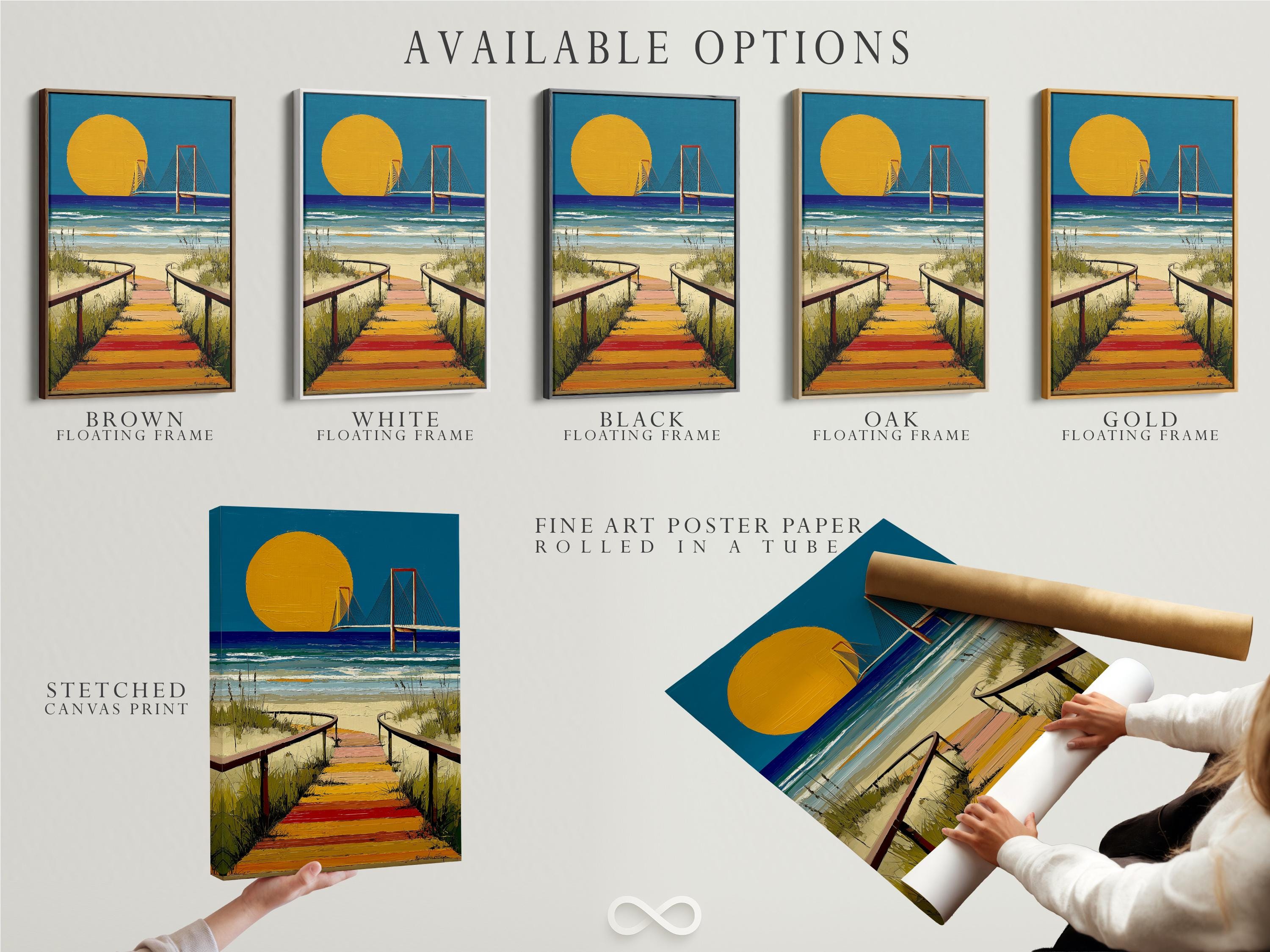 Portrait coastal artwork with golden sun, blue ocean, and a bridge over waves detail view