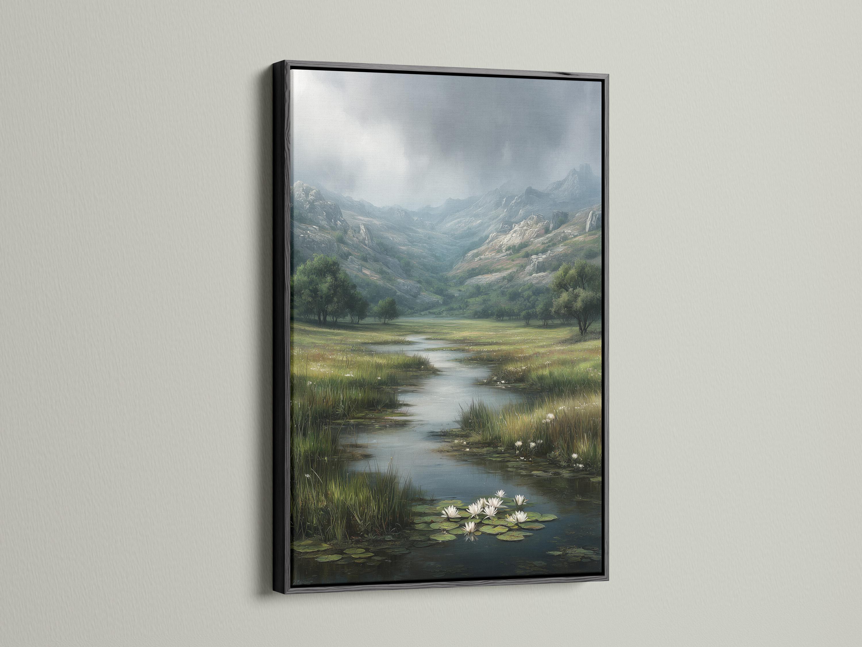 Painterly landscape of a river valley with misty mountains and lily pads with white flowers detail view