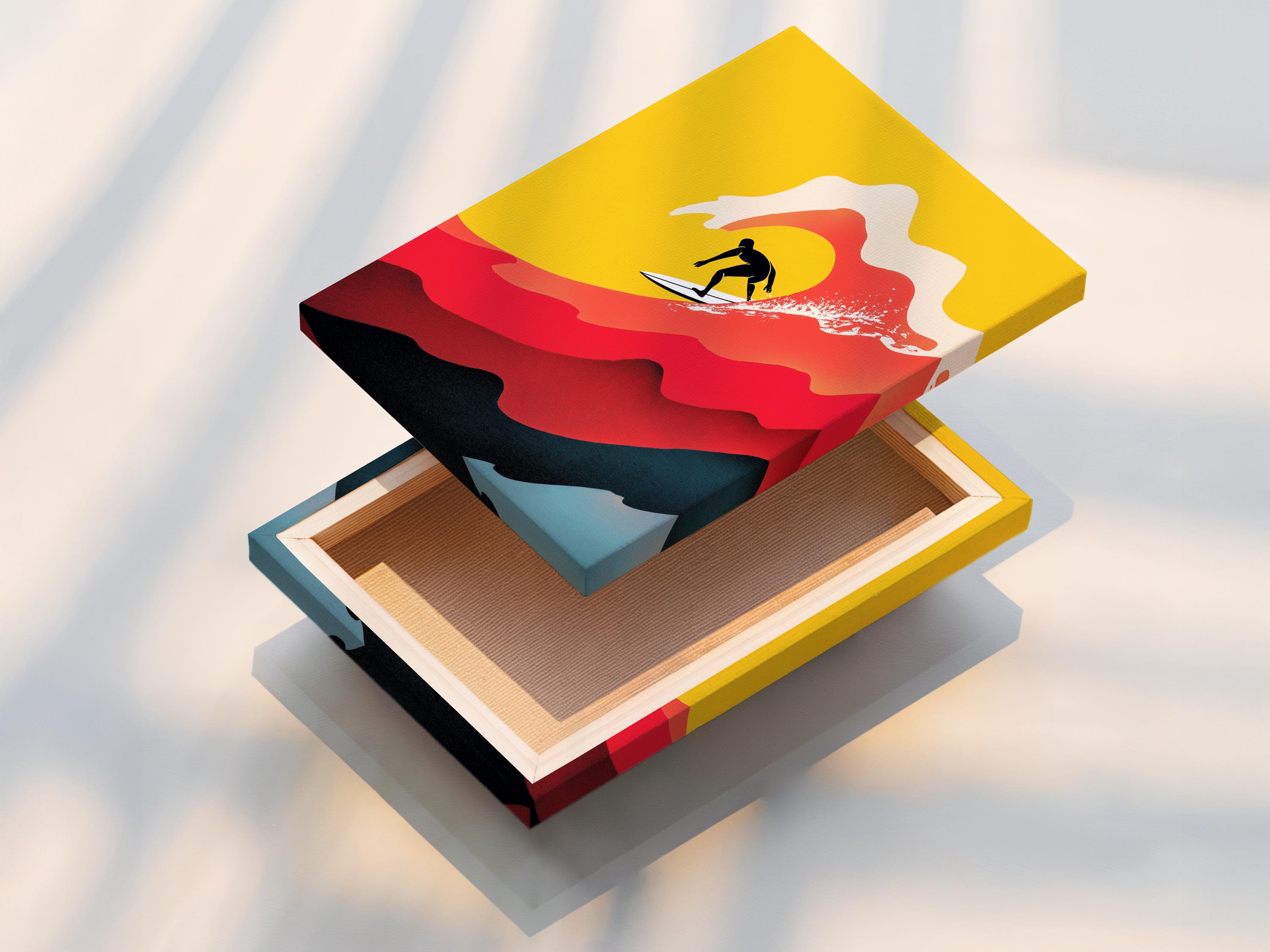 Stylised surfer silhouette on a white surfboard riding red and off-white waves over a yellow background detail view