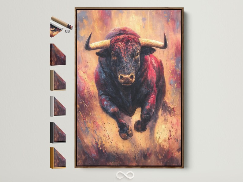 Portrait of a bull with dark charcoal and black tones, red highlights and warm gold accents