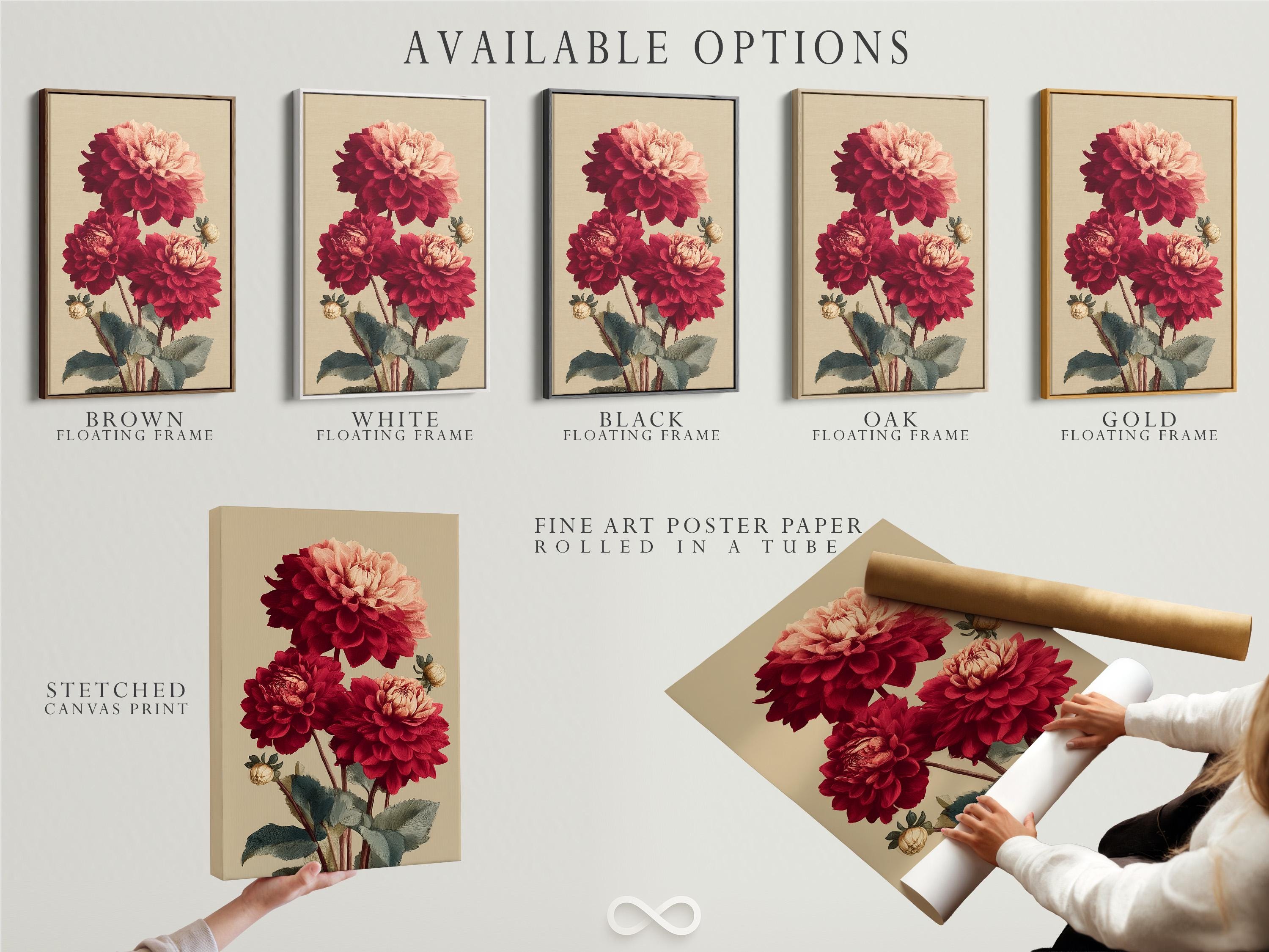 Room mockup featuring framed artwork with burgundy and pale pink dahlias and dark green leaves on a cream background
