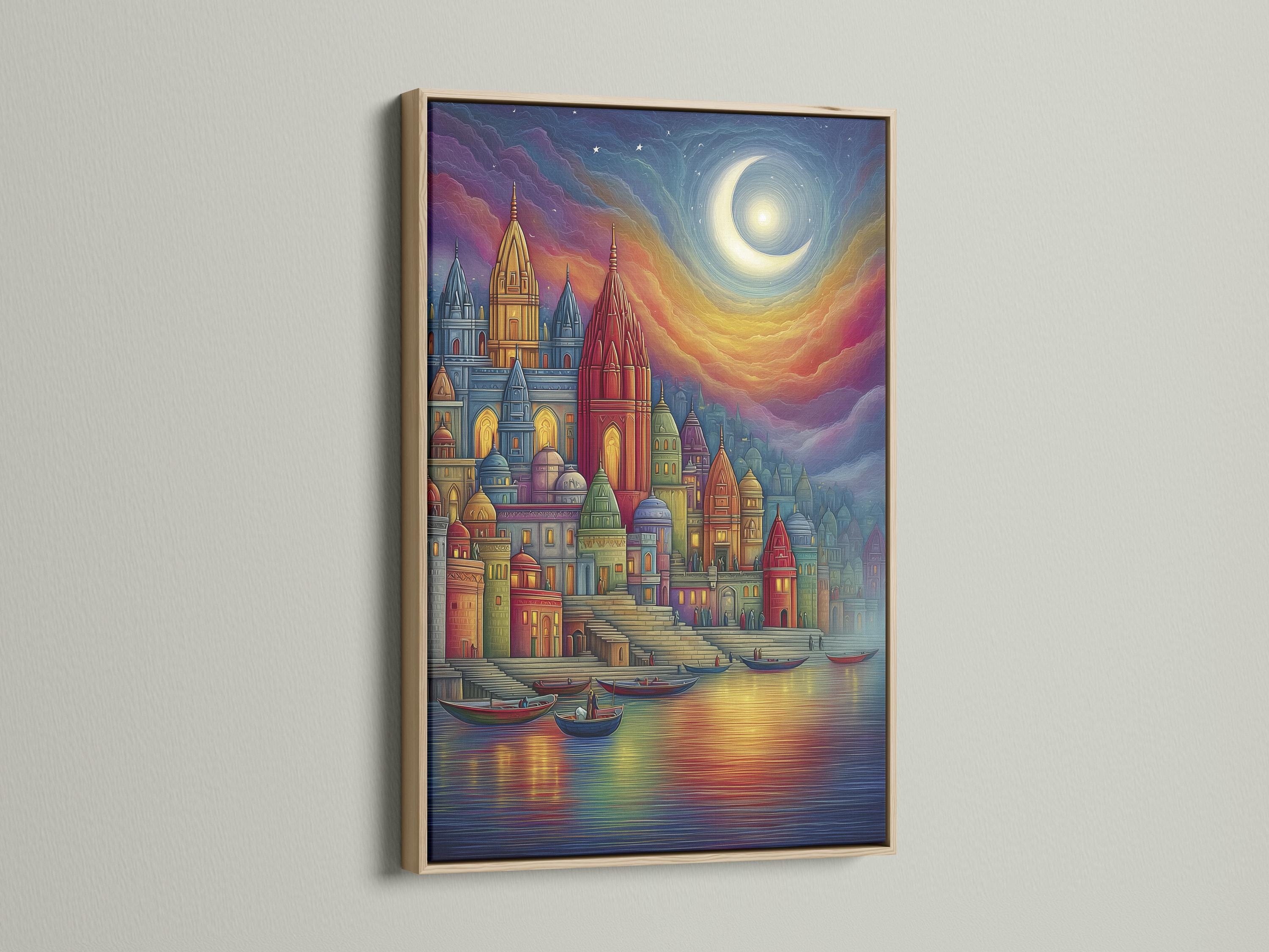 Moonlit colourful city skyline with domed buildings and boats on reflective water detail view