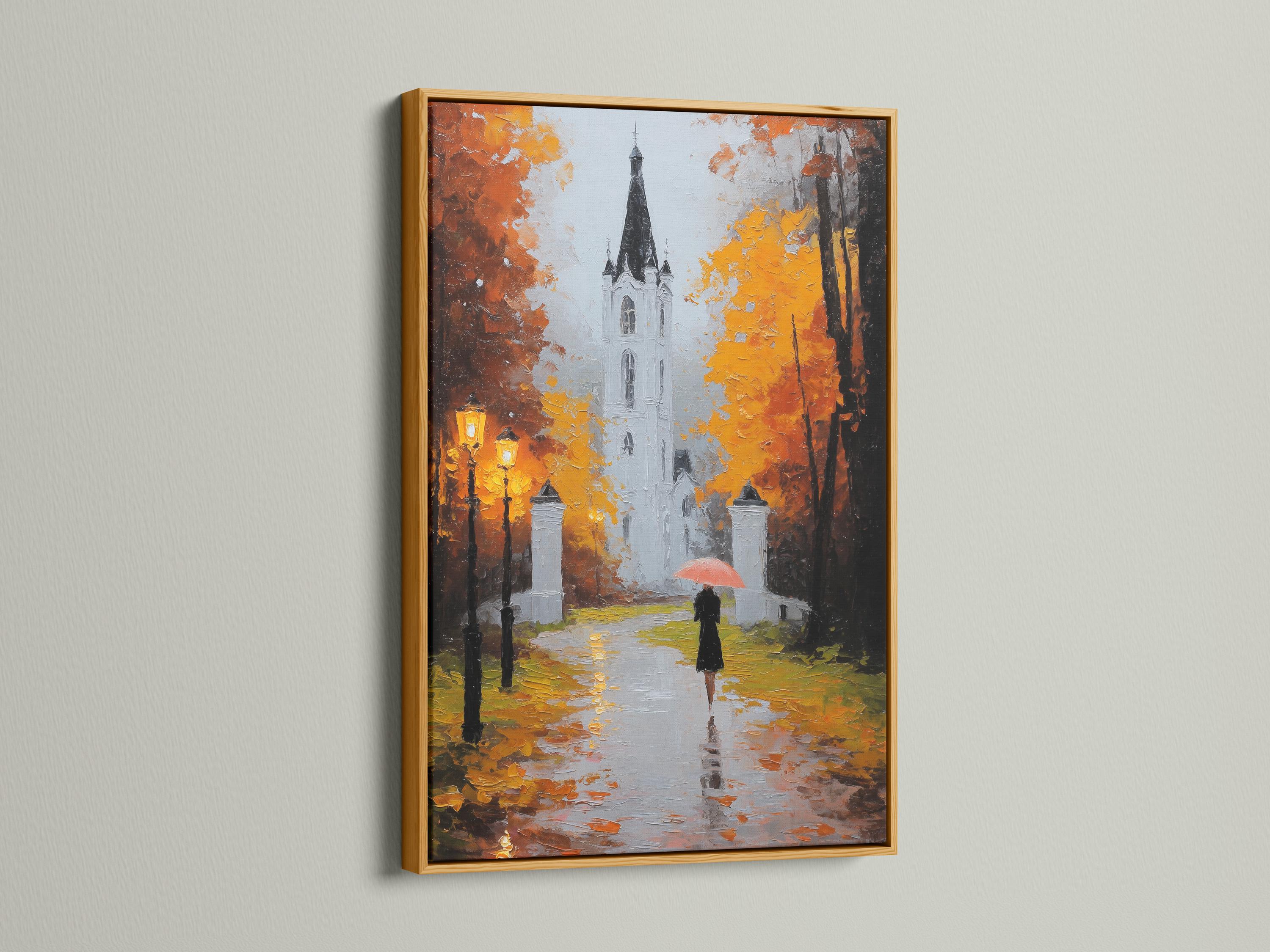 Painterly autumn street scene with a white church, orange leaves, and a figure holding a red umbrella detail view