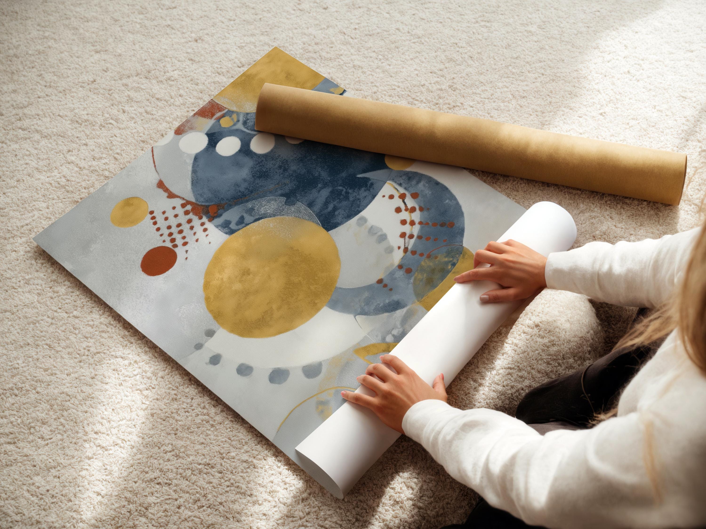 Abstract navy blue and mustard gold circle artwork shown in a framed mockup on a light background