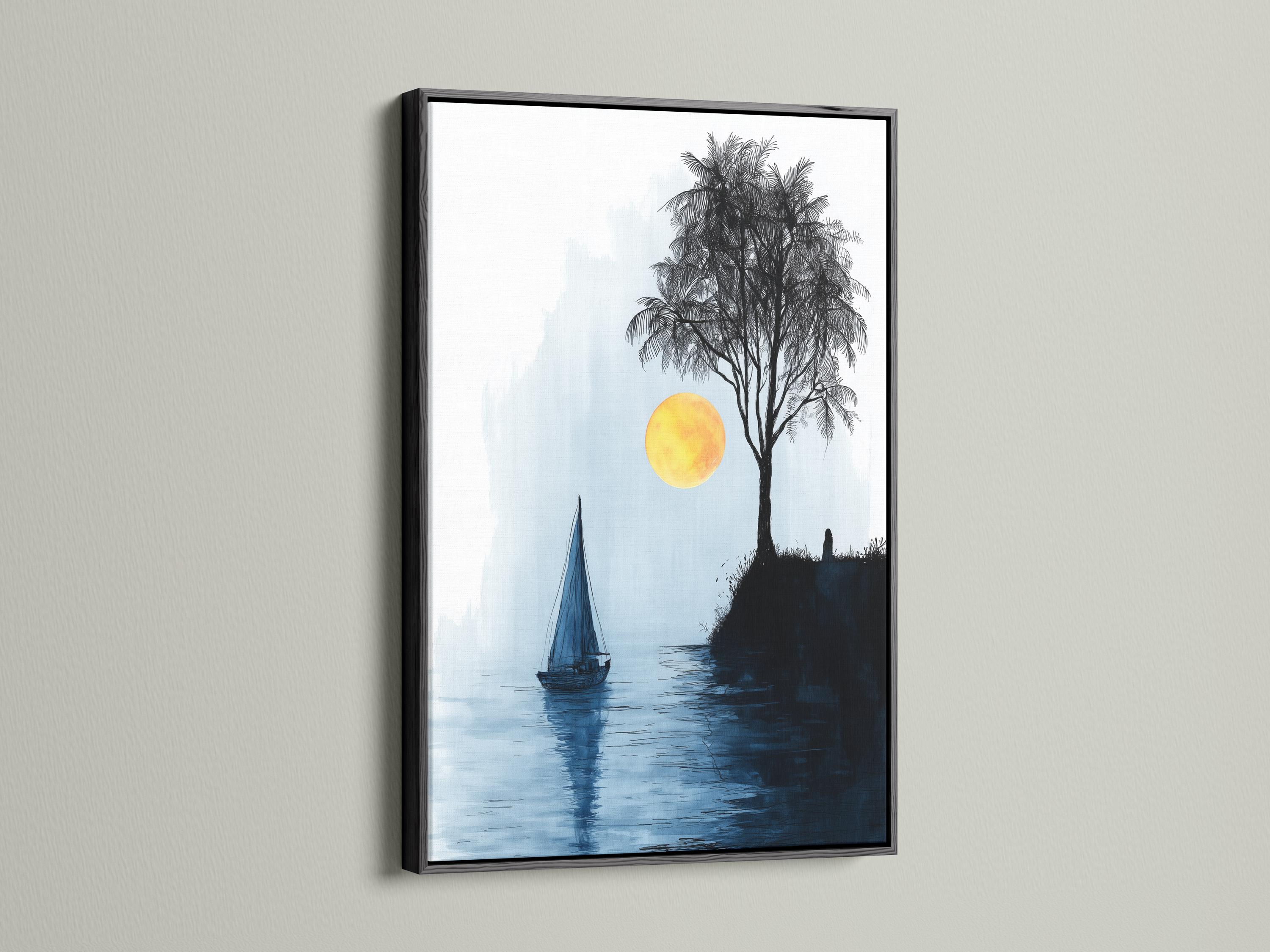Minimalist seascape with a sailboat on blue water, a palm tree silhouette and a glowing yellow sun detail view