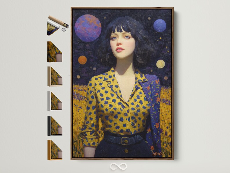 Stylised woman portrait in a dark starry galaxy with planets and a mustard-yellow patterned dress