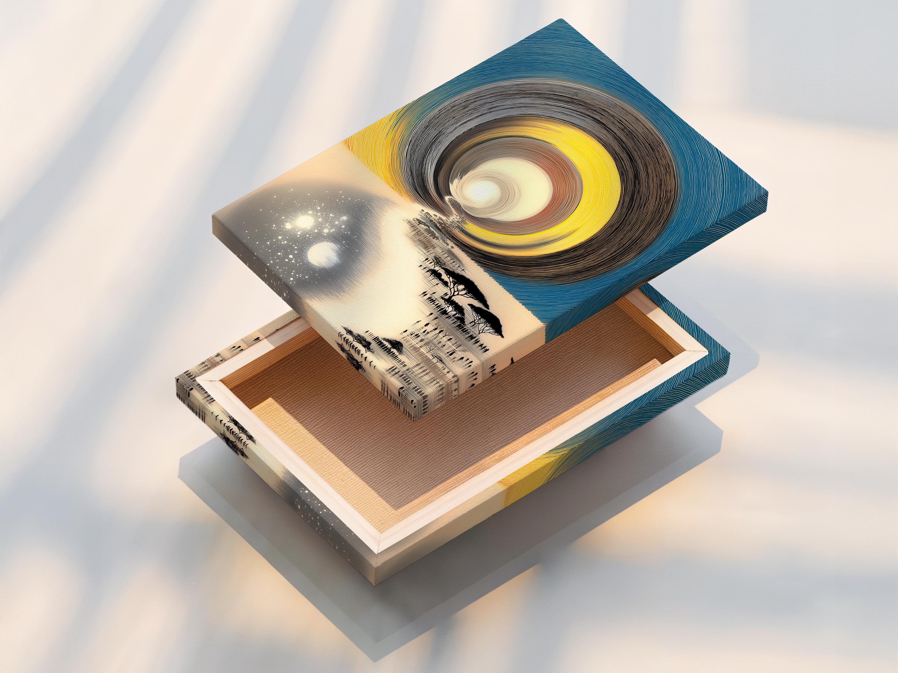 Stylised teal and yellow landscape with concentric swirl lines, reflective water and silhouetted acacia trees detail view