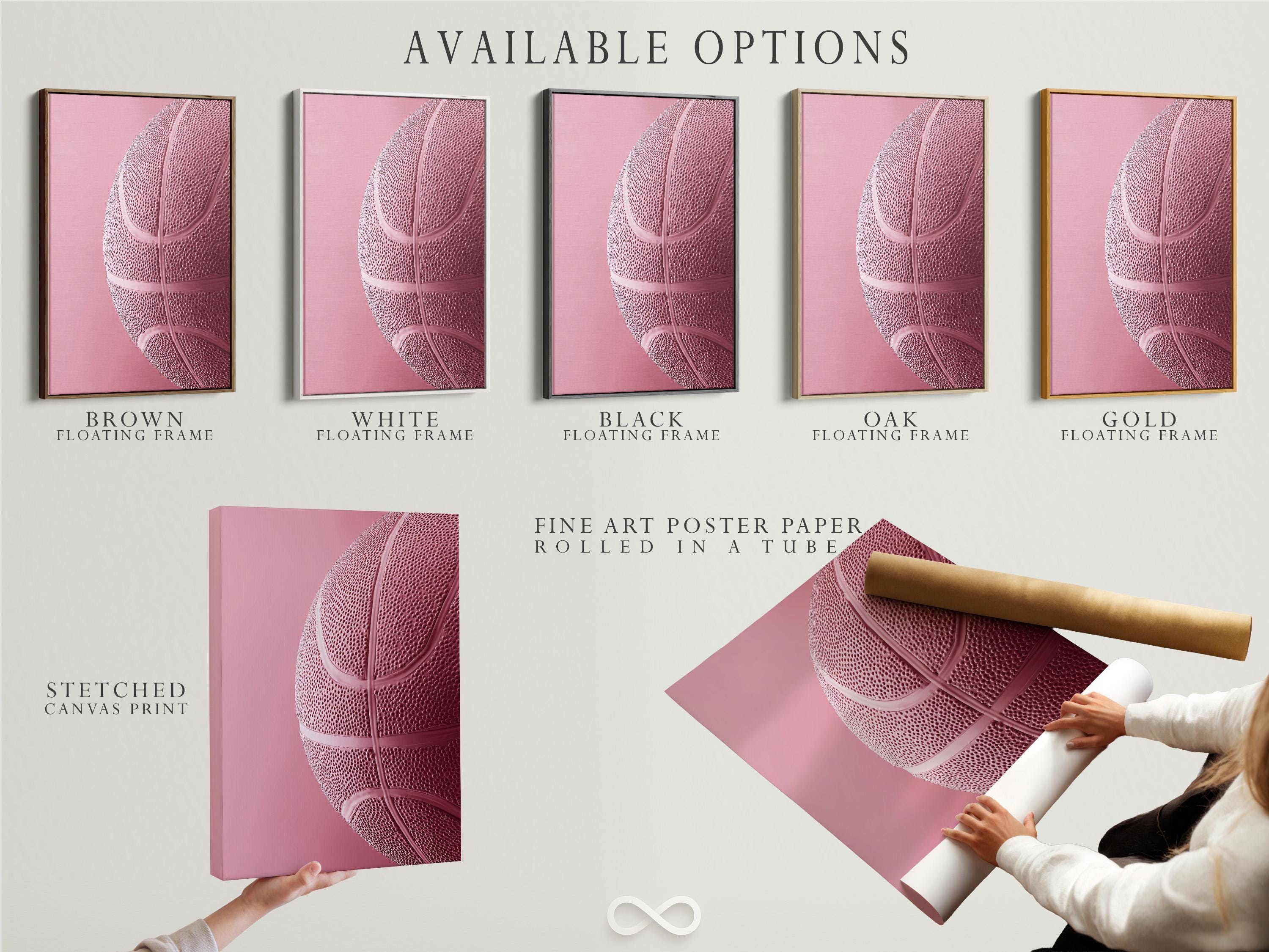Woman sitting on a sofa beside a framed bubblegum pink basketball artwork