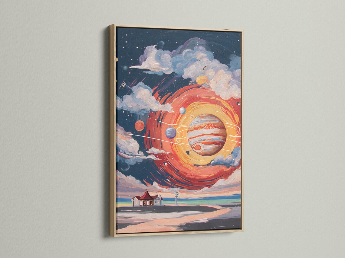 Glowing planet and lighthouse in a cosmic scene with swirling clouds and stars detail view