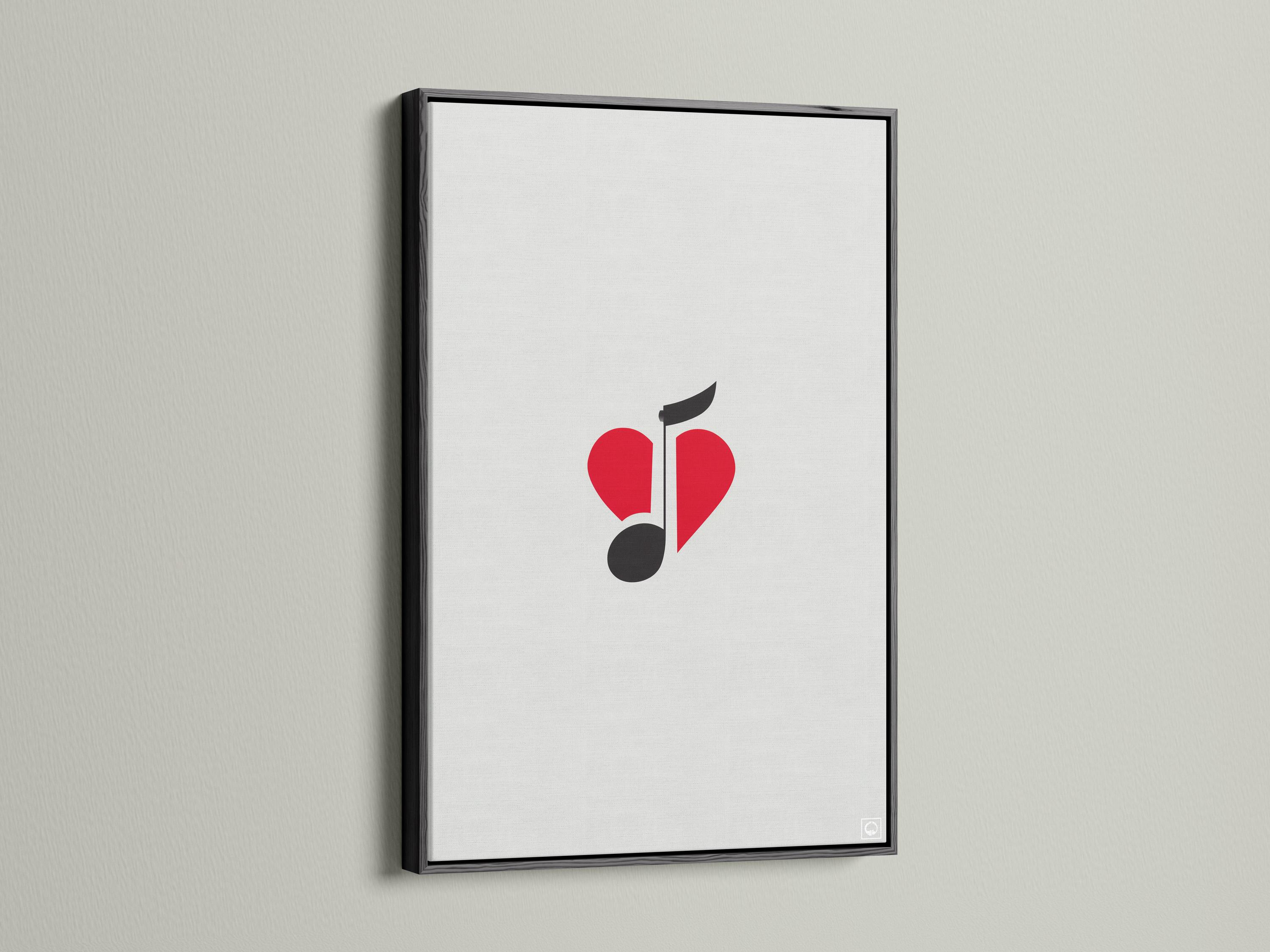 Wall mockup of minimalist red heart and black music note artwork