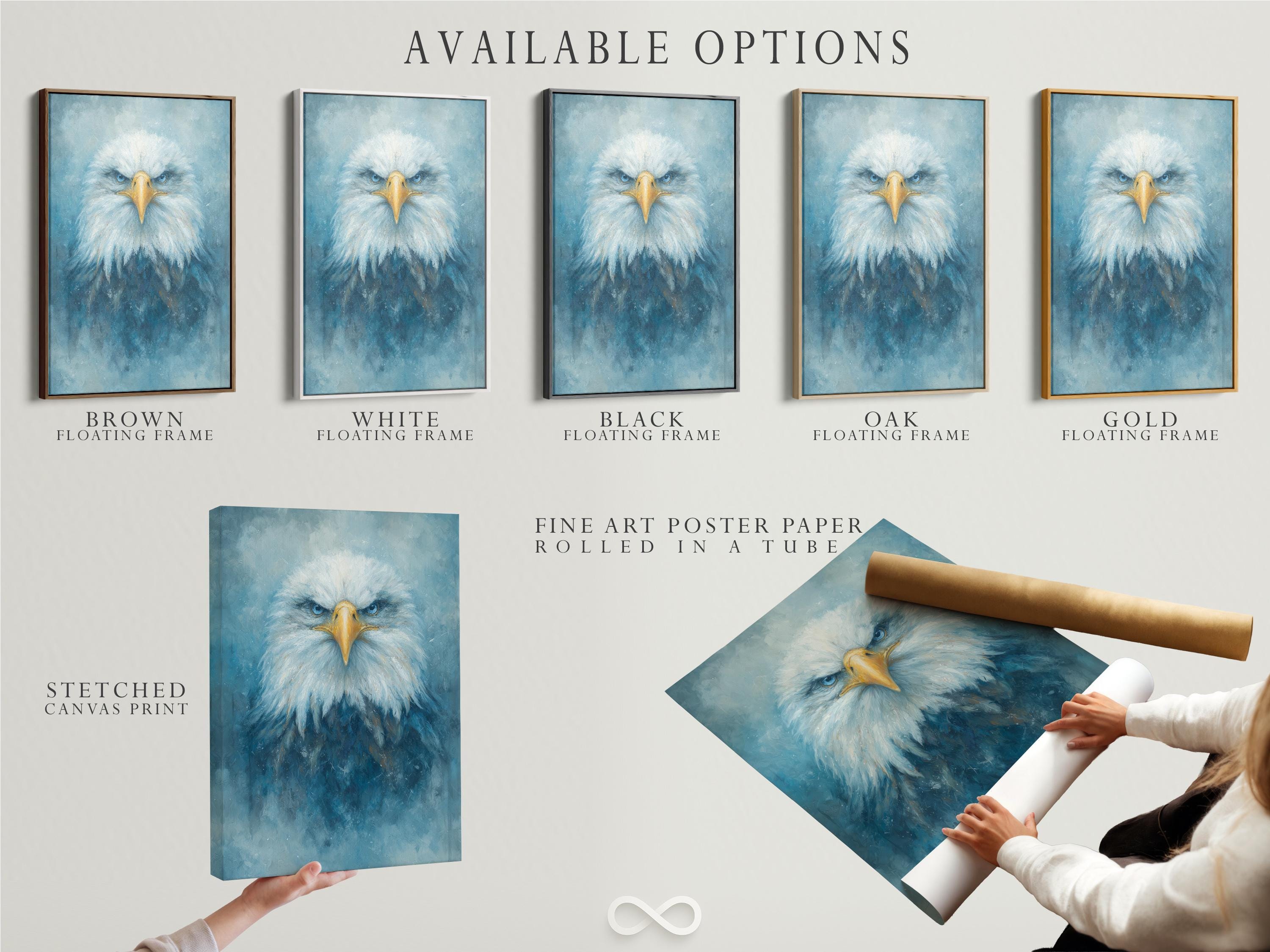 Blue and gold eagle portrait with radiating feathers on a textured teal background detail view